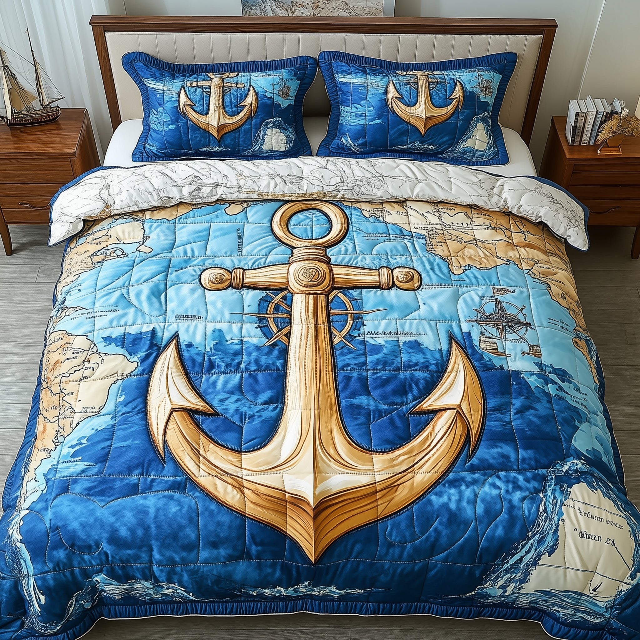 Nautical Anchor Quilted Bedding Set Ship Compass Anchor Theme Great Bedding Set
