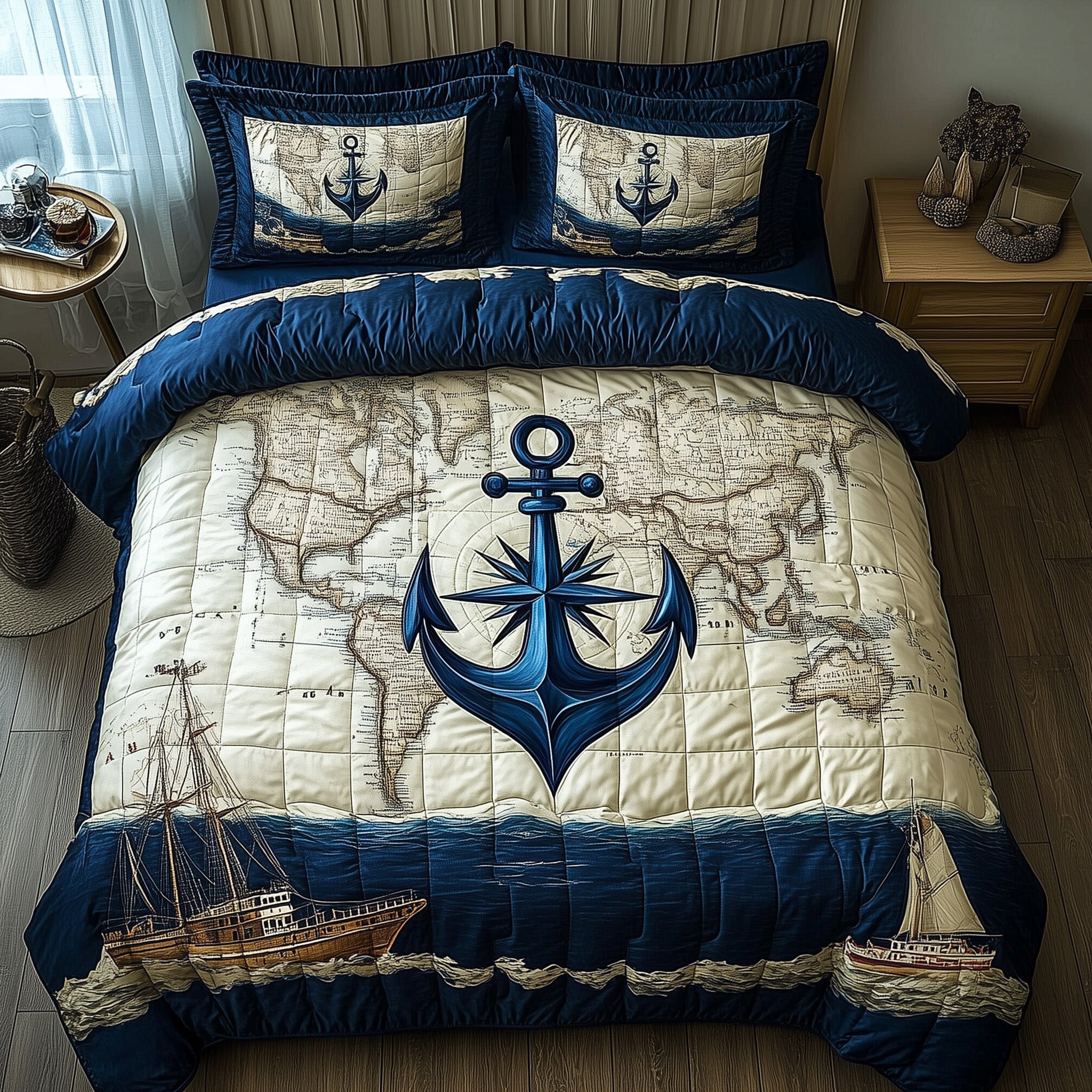Nautical Anchor Quilted Bedding Set United State Navy Merch Unique Navy Gifts