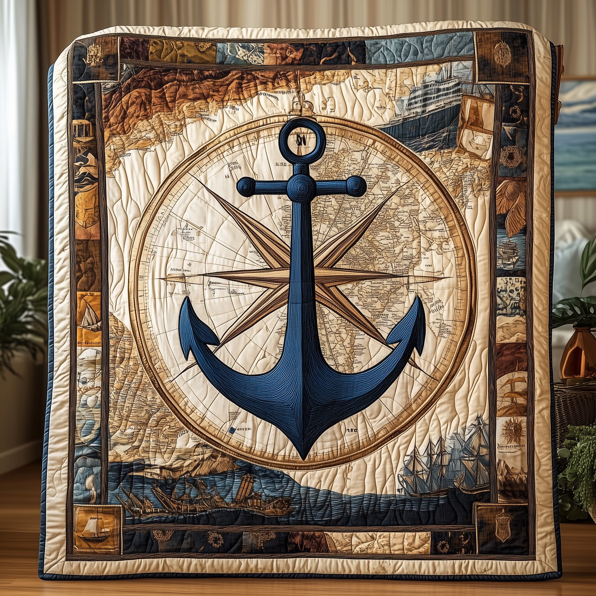 Nautical Anchor Quilted Blanket Antique World Map Theme Maritime Gifts With Anchors On Them