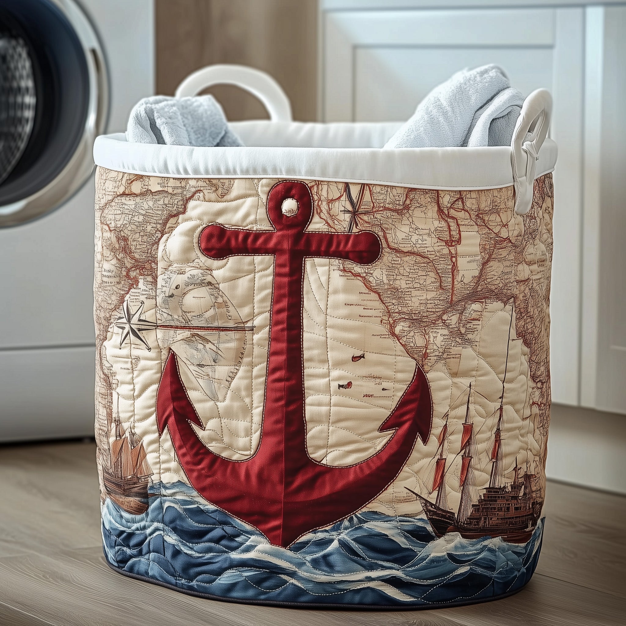 Nautical Anchor Quilted Laundry Basket Foldable Clothes Hamper Unique Gifts For Anchor Lovers