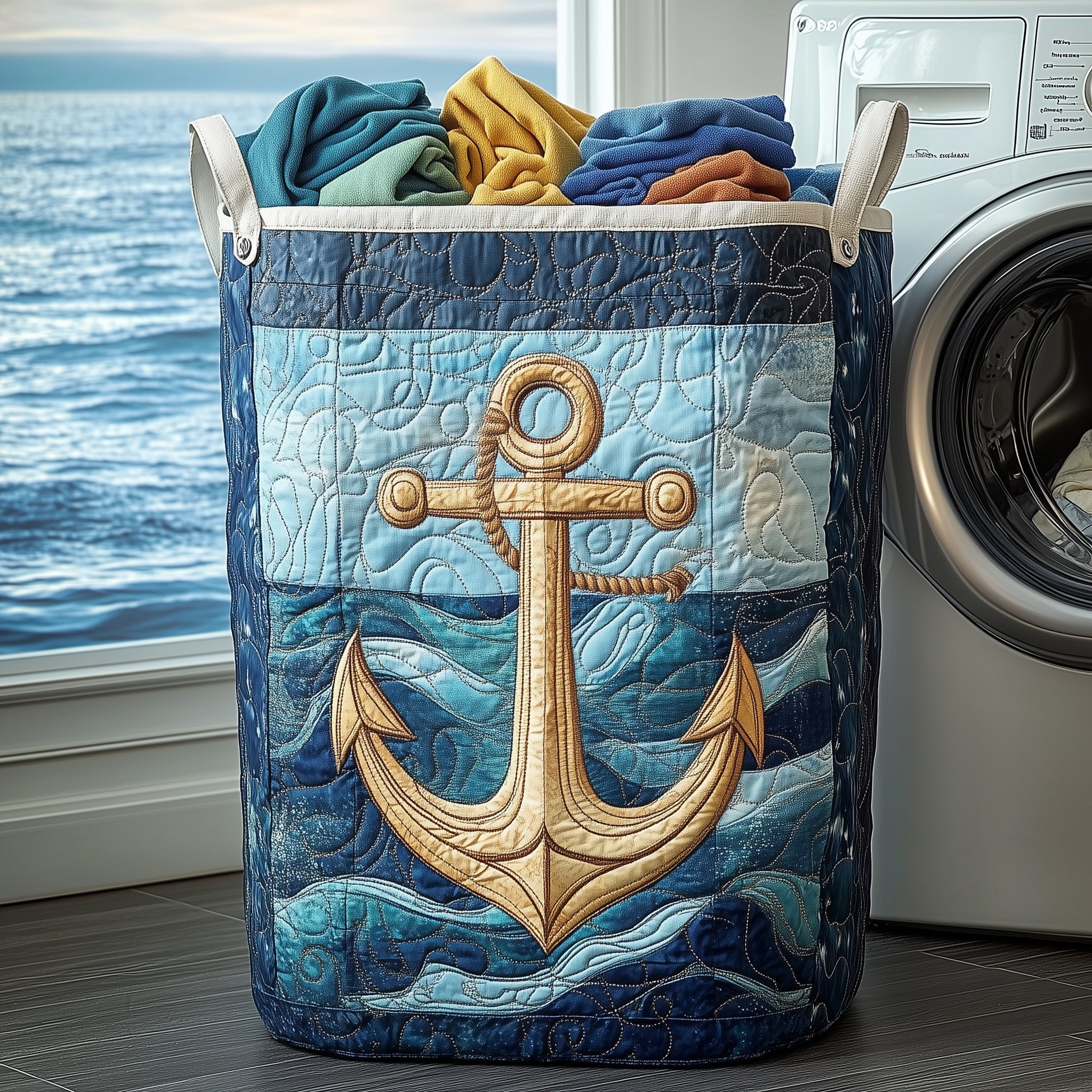 Nautical Anchor Quilted Laundry Basket Merch For Friends
