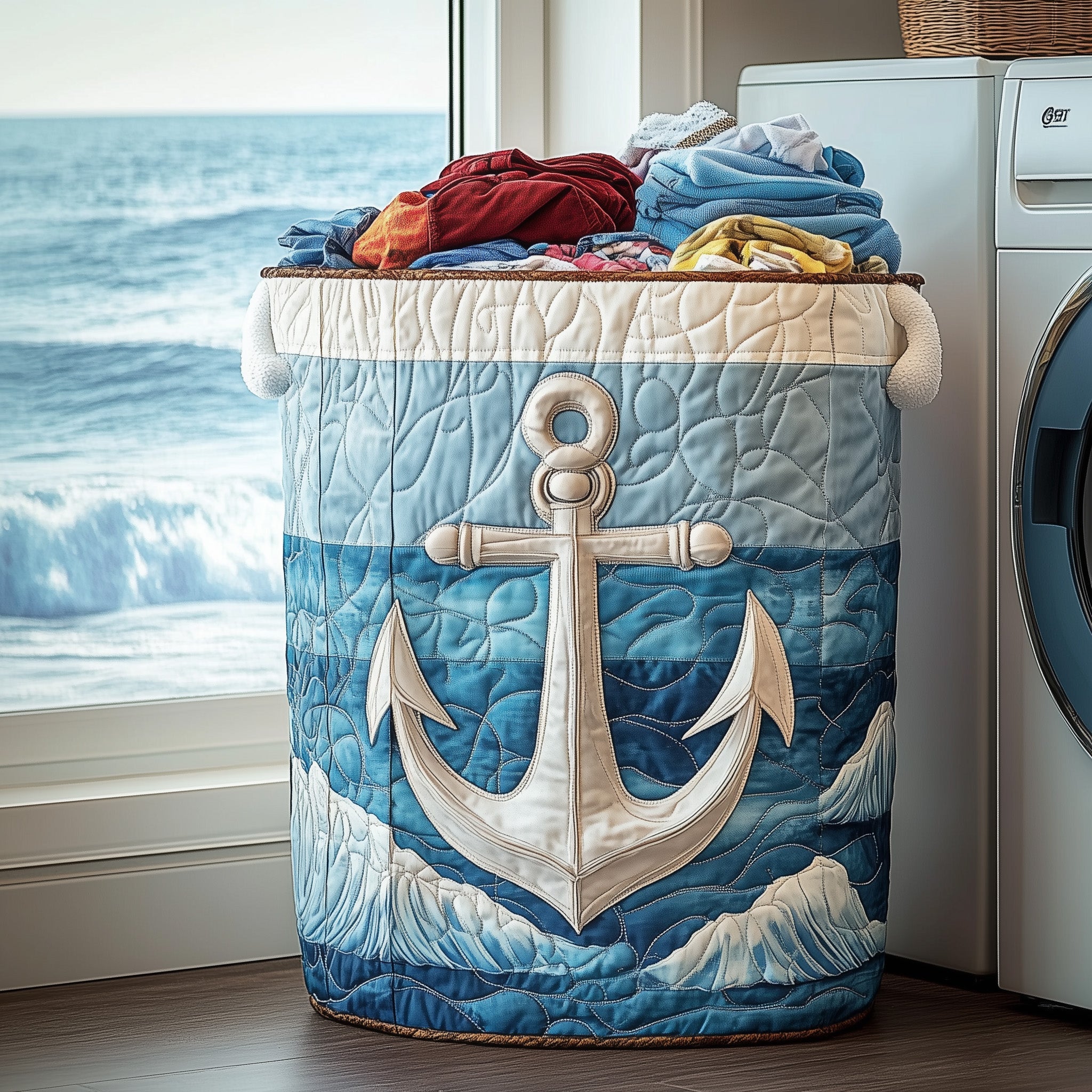 Nautical Anchor Quilted Laundry Basket Summer Merch Vibes