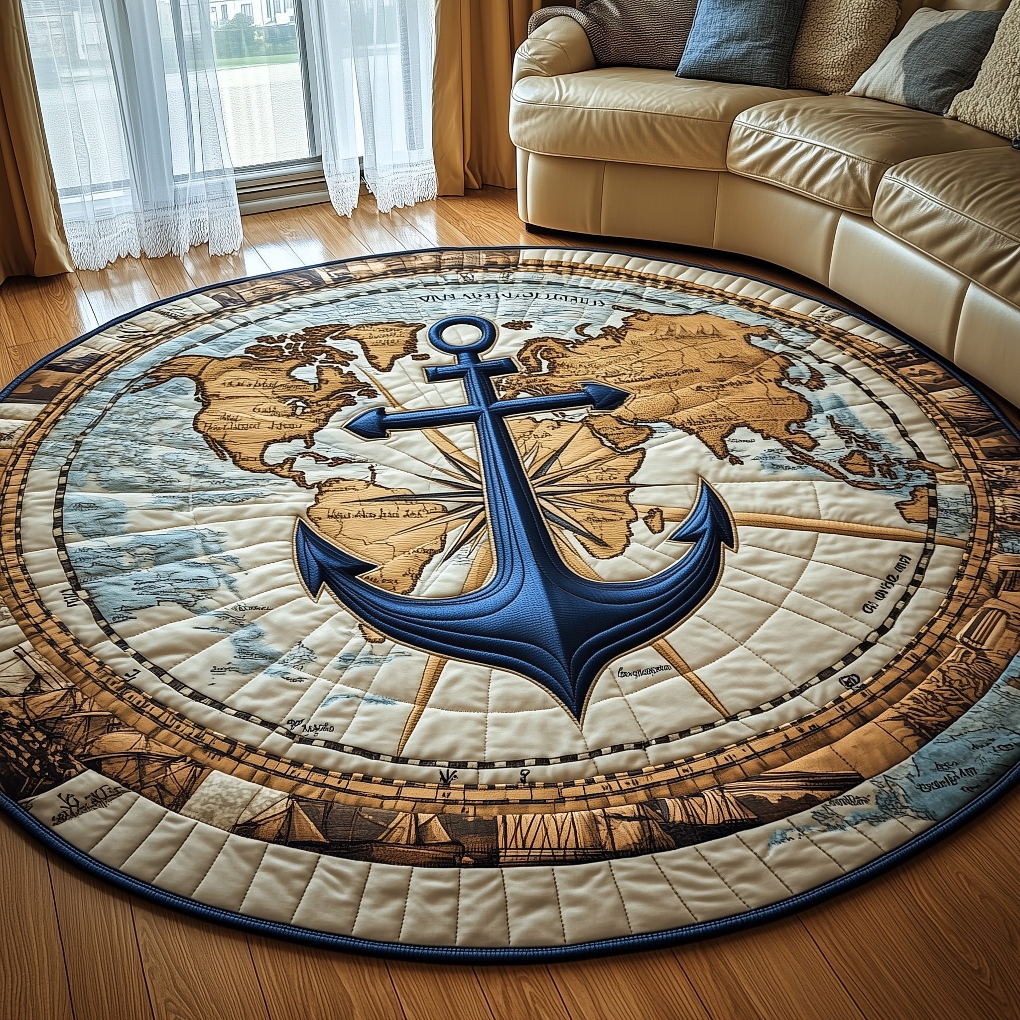 Nautical Anchor Quilted Round Mat Premium Quilted Round Mat for Cozy Living Spaces