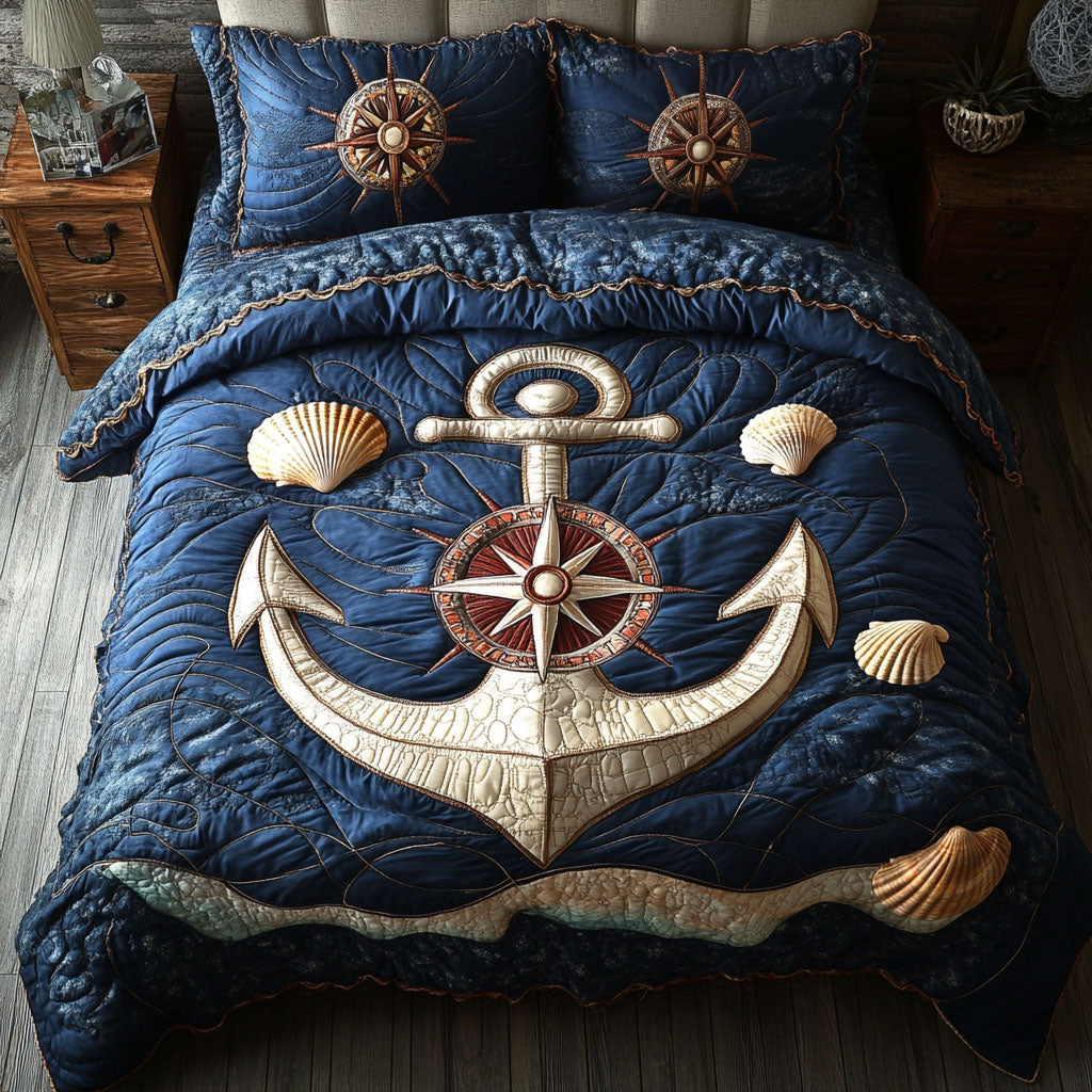 Nautical Compass Quilted Bedding Set Xmas Holiday Duvet Cover Set Anchor Related Gifts