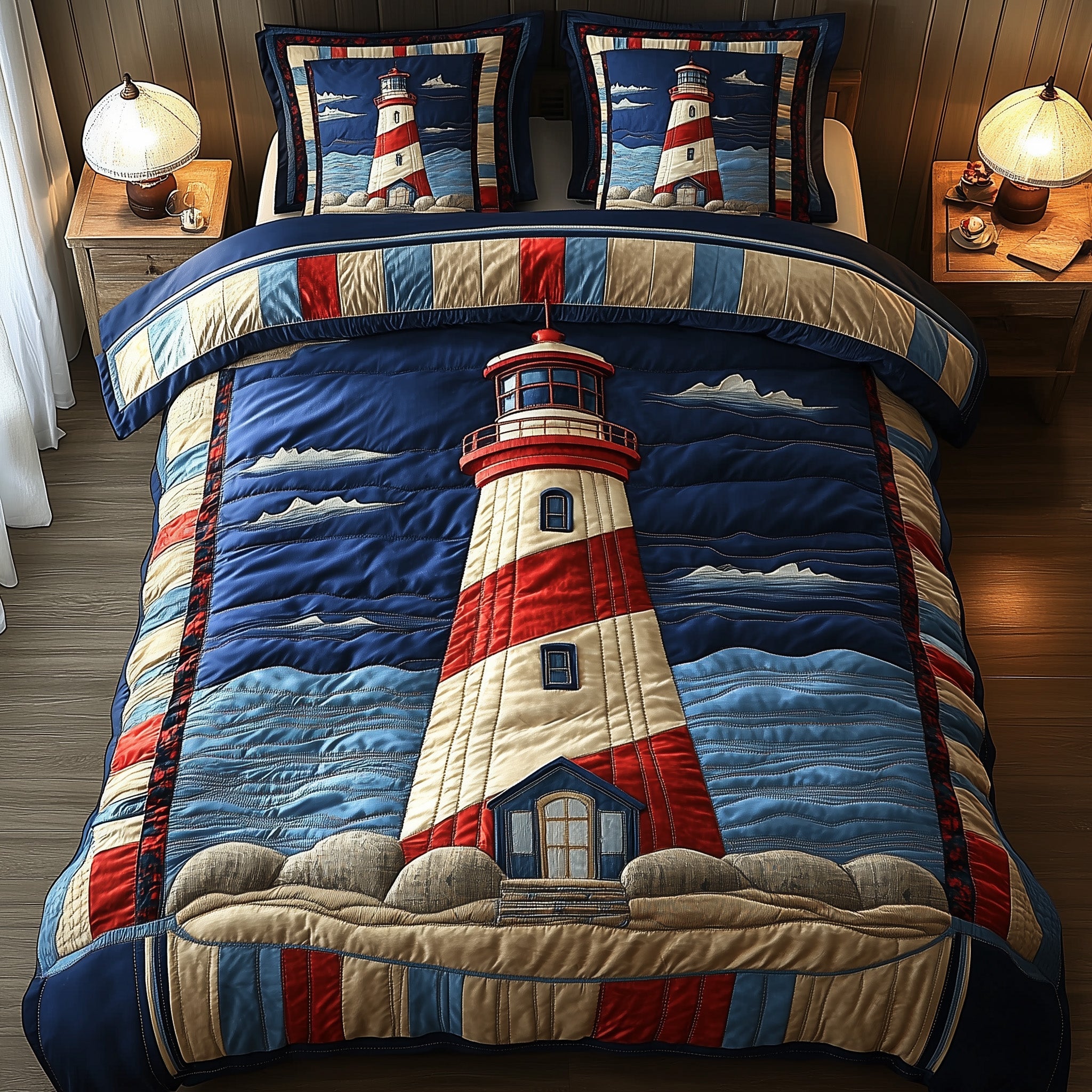 Nautical Lighthouse Quilted Bedding Set Beach House Bedding Decor Best Bedding Gifts
