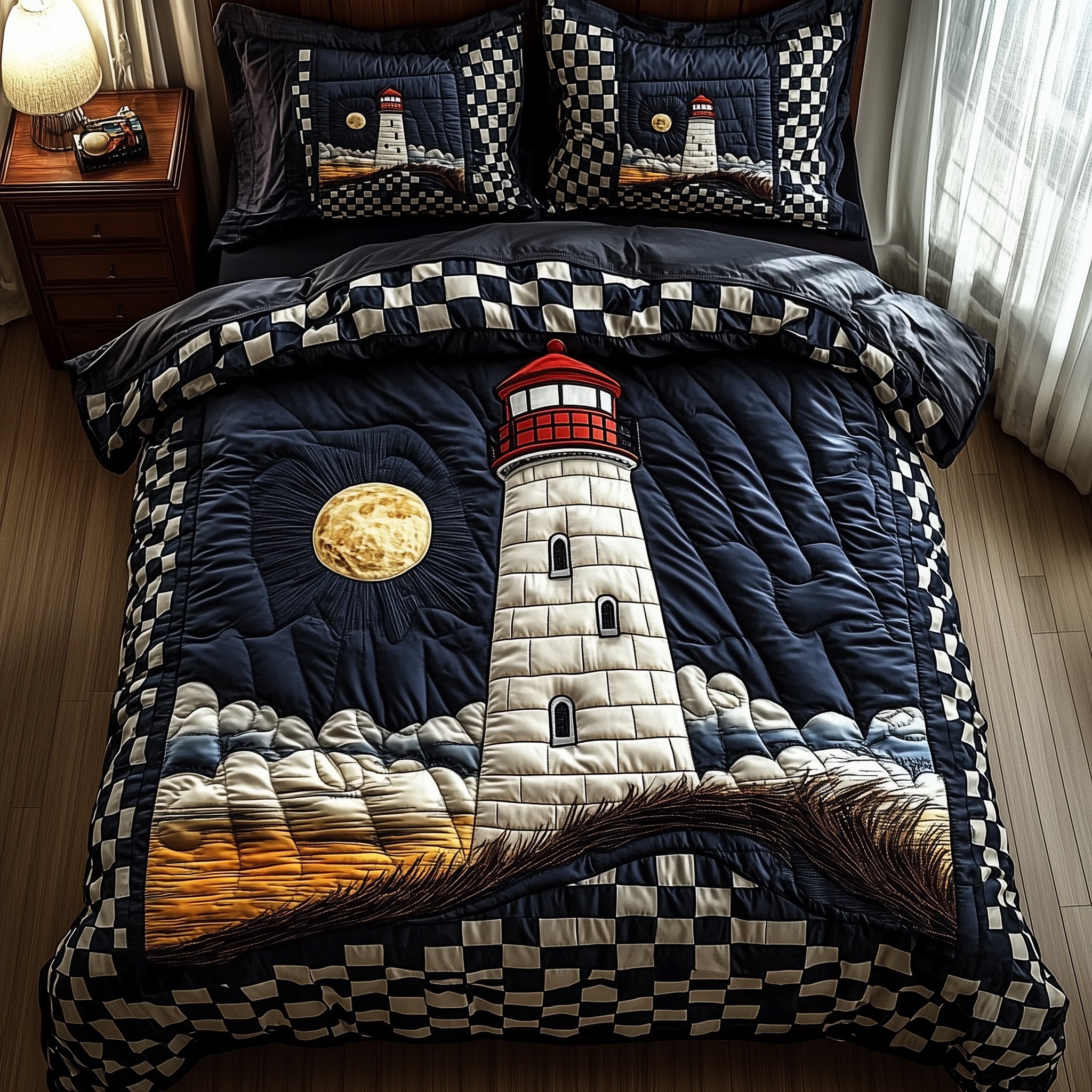 Nautical Lighthouse Quilted Bedding Set Ocean Waves Quilt Decor Best Bedding Gifts