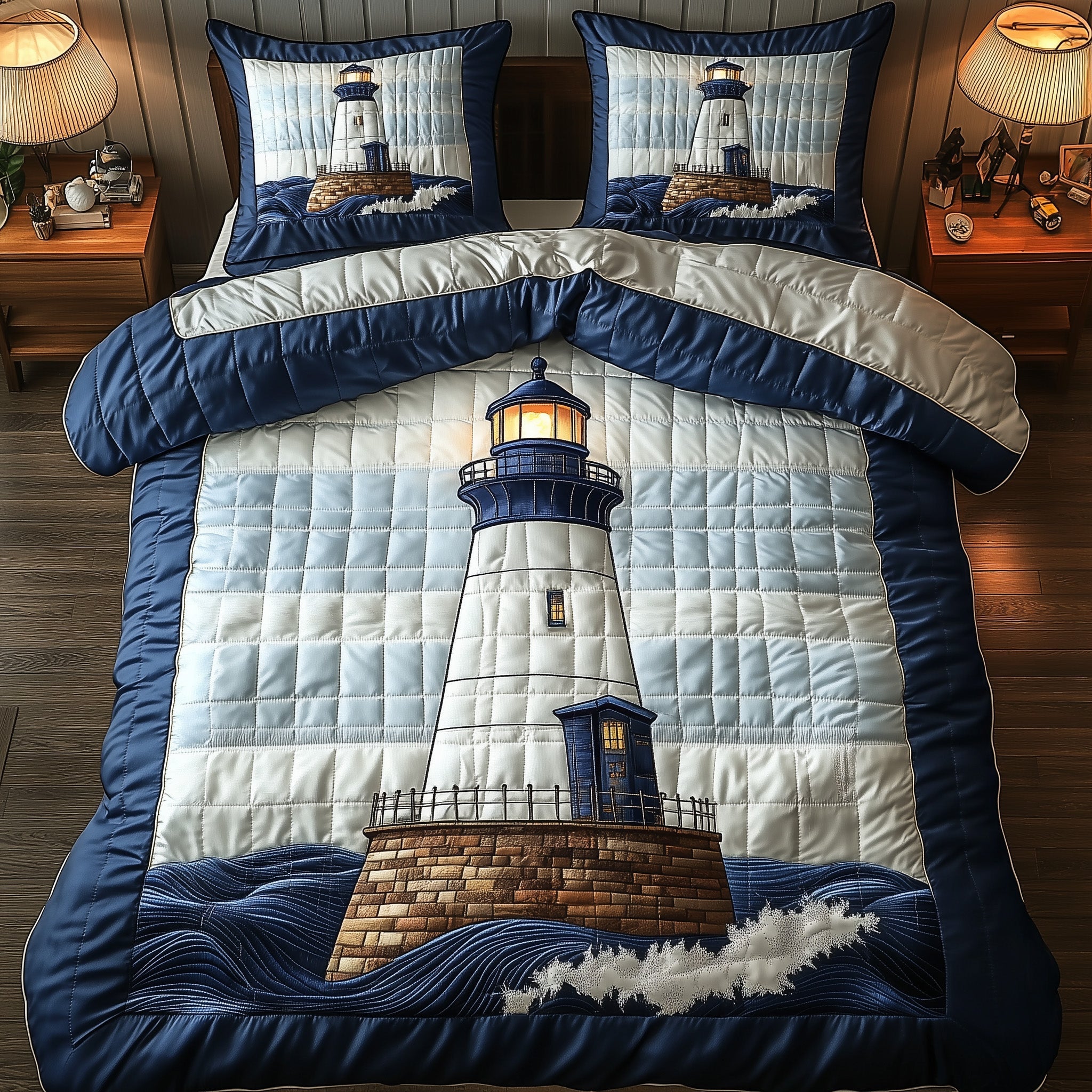 Nautical Lighthouse Quilted Bedding Set Seaside Nautical Theme Unique Bedding Gifts