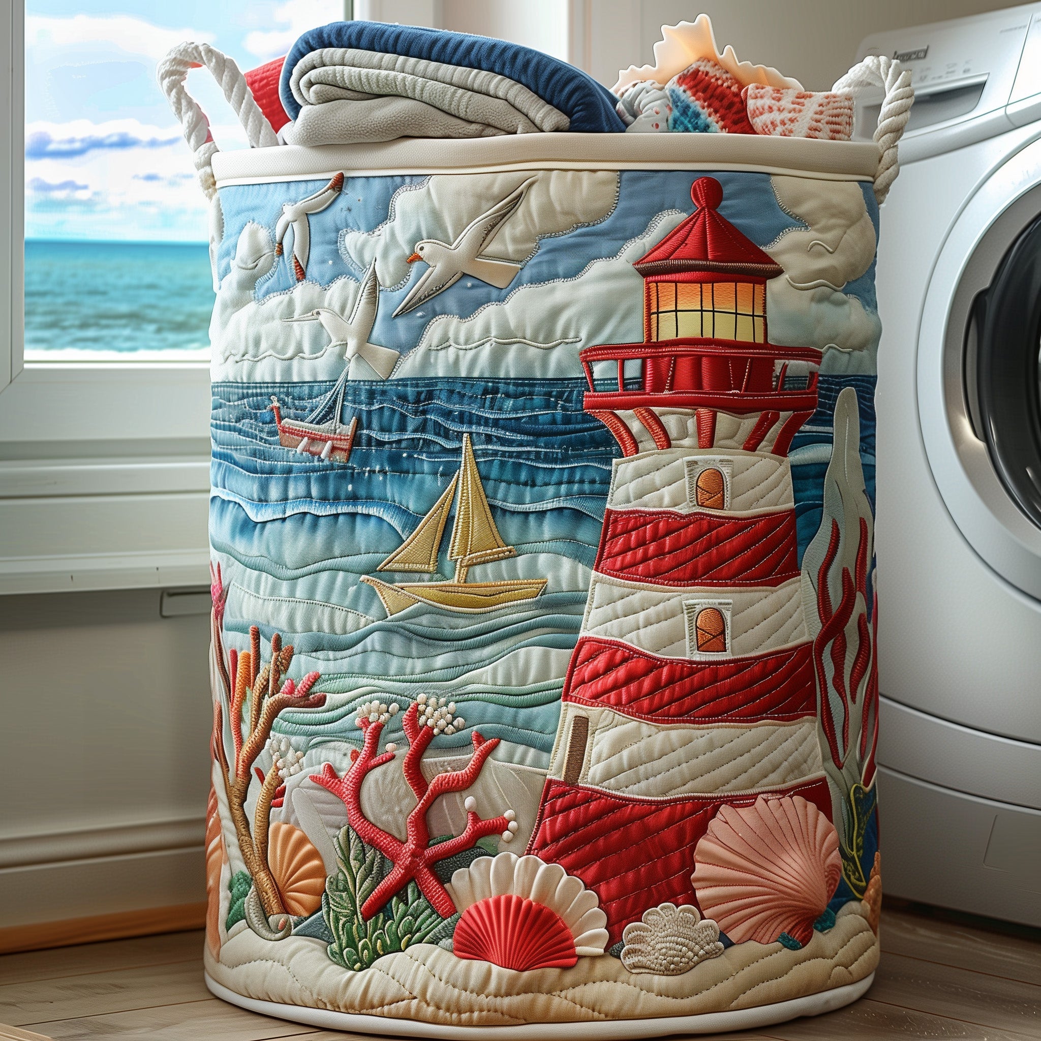 Nautical Lighthouse Quilted Laundry Basket Merch For Family