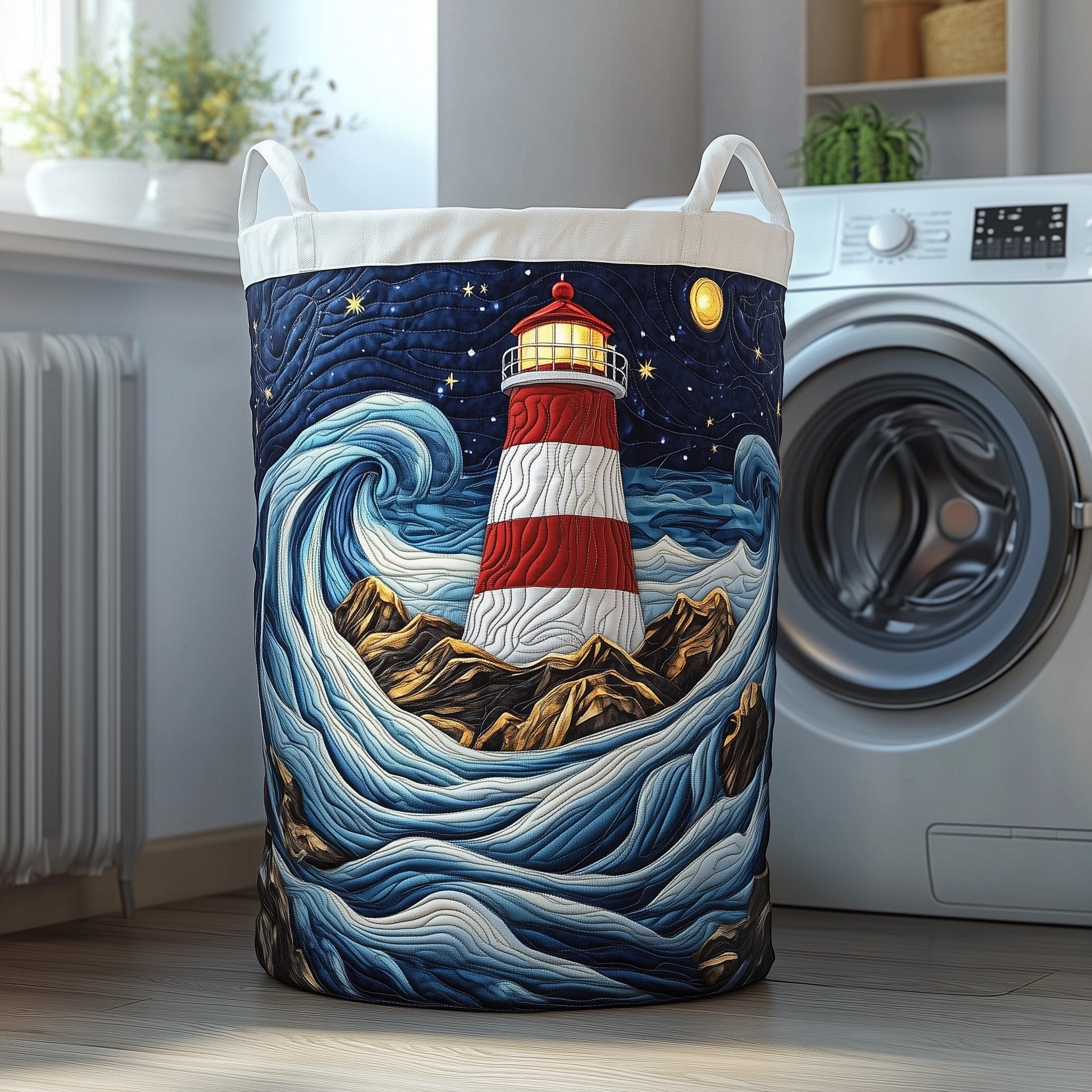 Nautical Lighthouse Quilted Laundry Basket Merch For Home And Bedroom