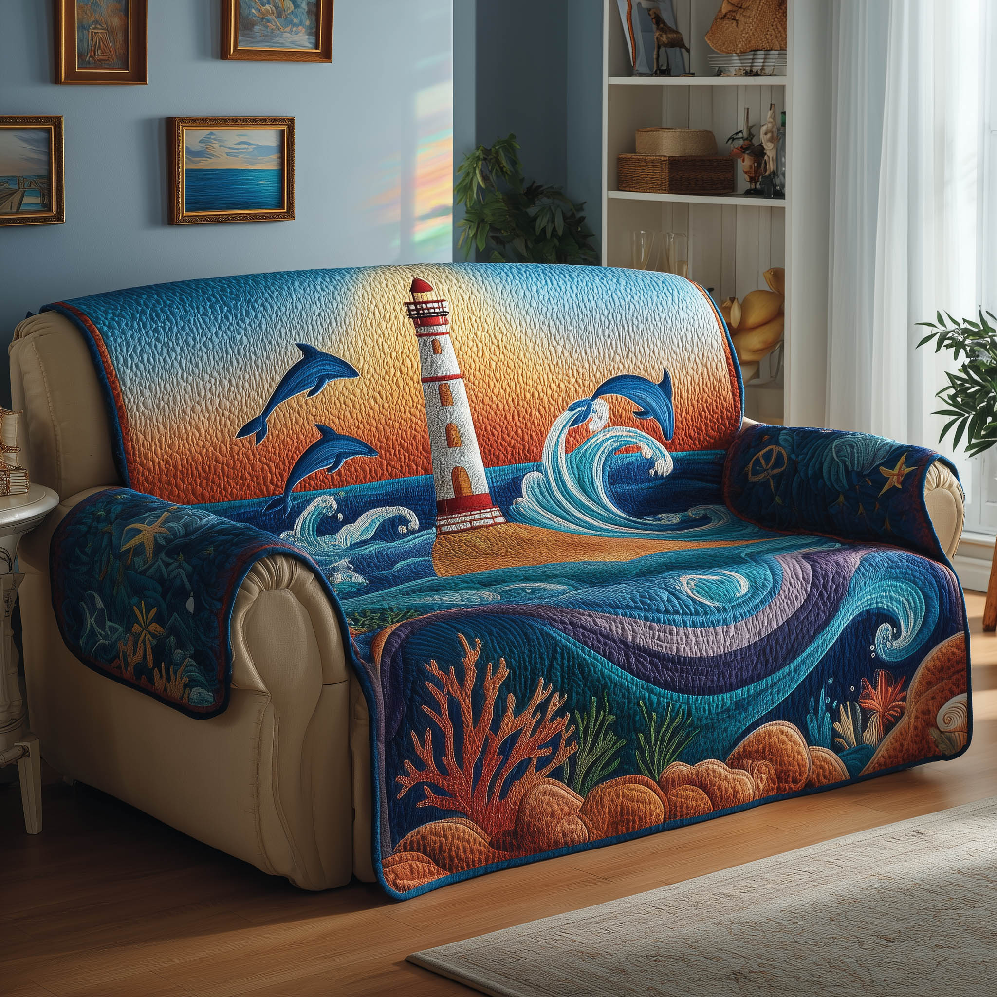 Nautical Lighthouse Quilted Sofa Cover Maritime Guiding Light Motif Unique Lighthouse Gifts