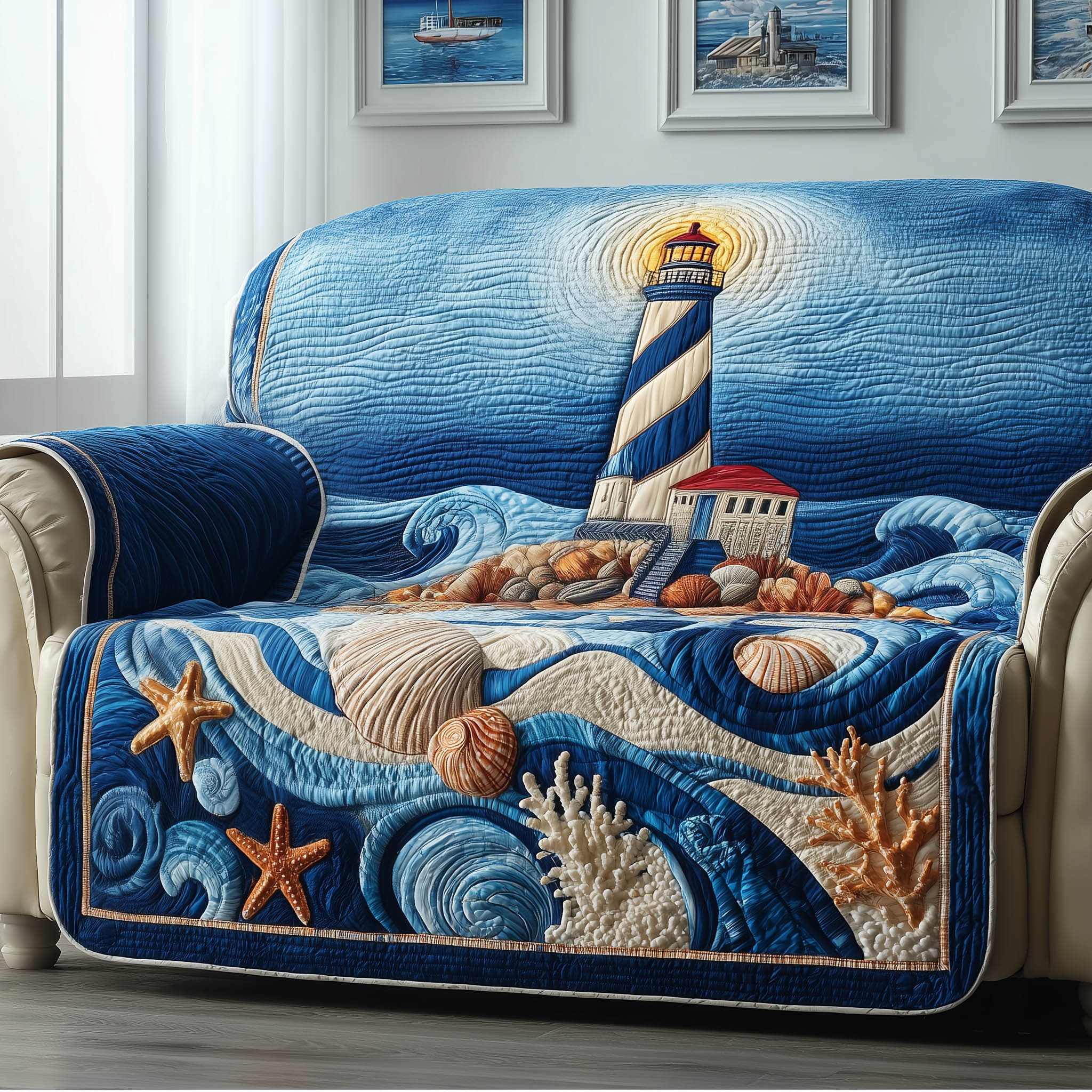 Nautical Lighthouse Quilted Sofa Cover Sailor's Sanctuary Unique Lighthouse Gifts