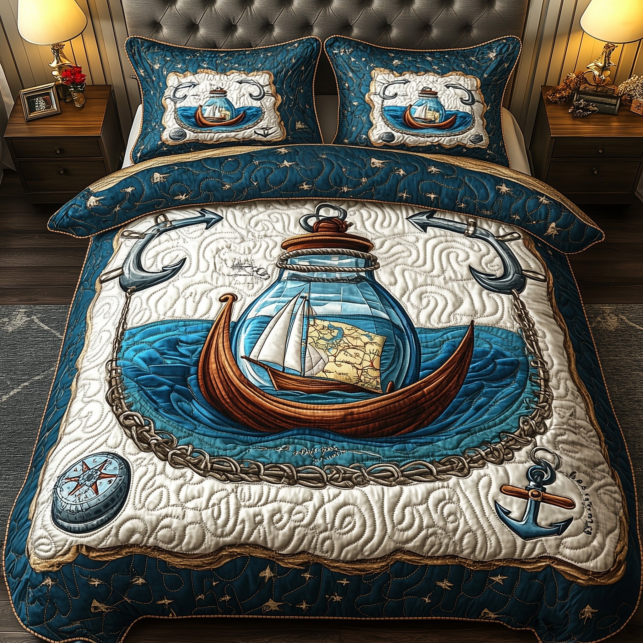 Nautical Quilted Bedding Set Duvet Cover Bed Sheet Lighthouse Gifts For Her