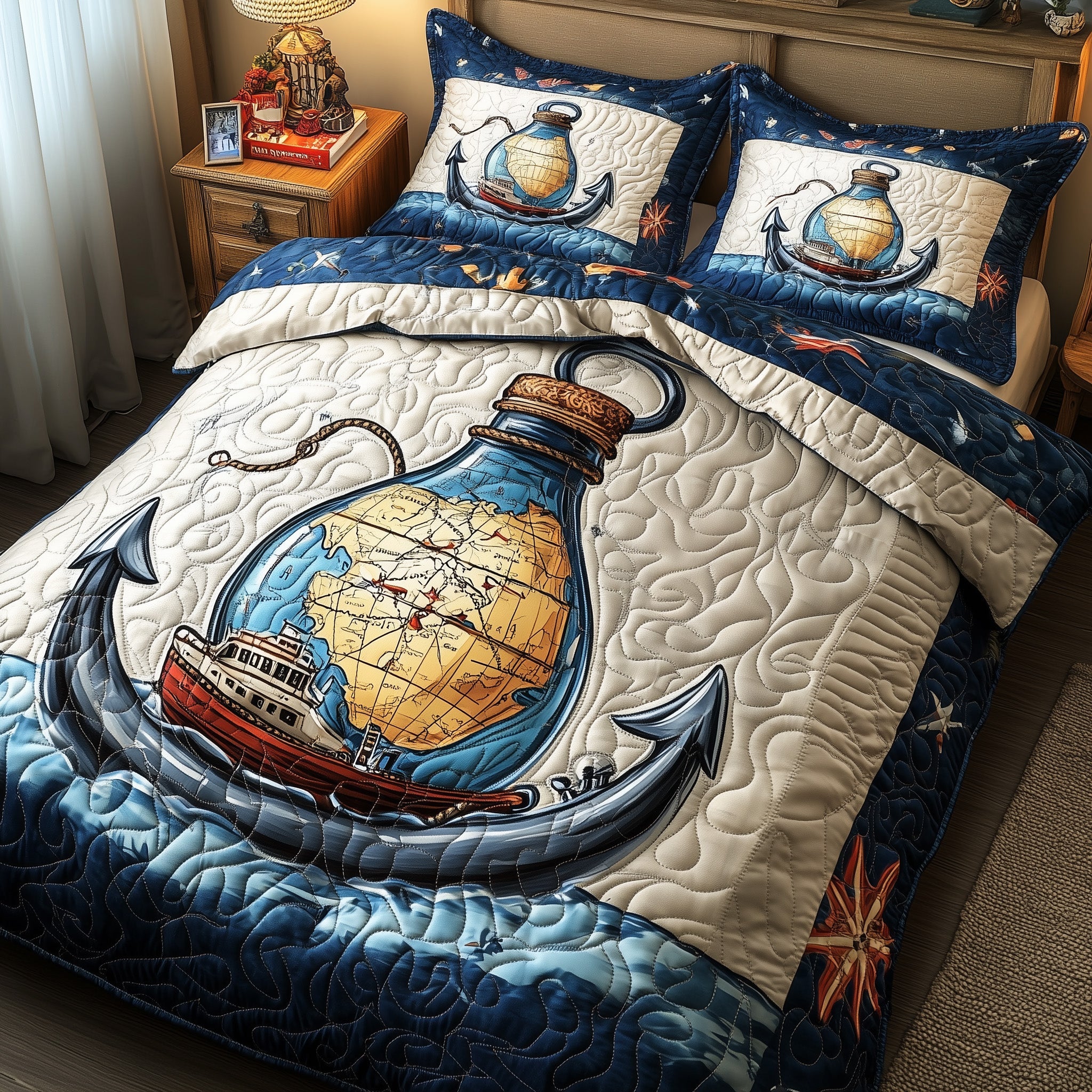 Nautical Quilted Bedding Set Duvet Cover Bed Sheet Lighthouse Gifts For Him