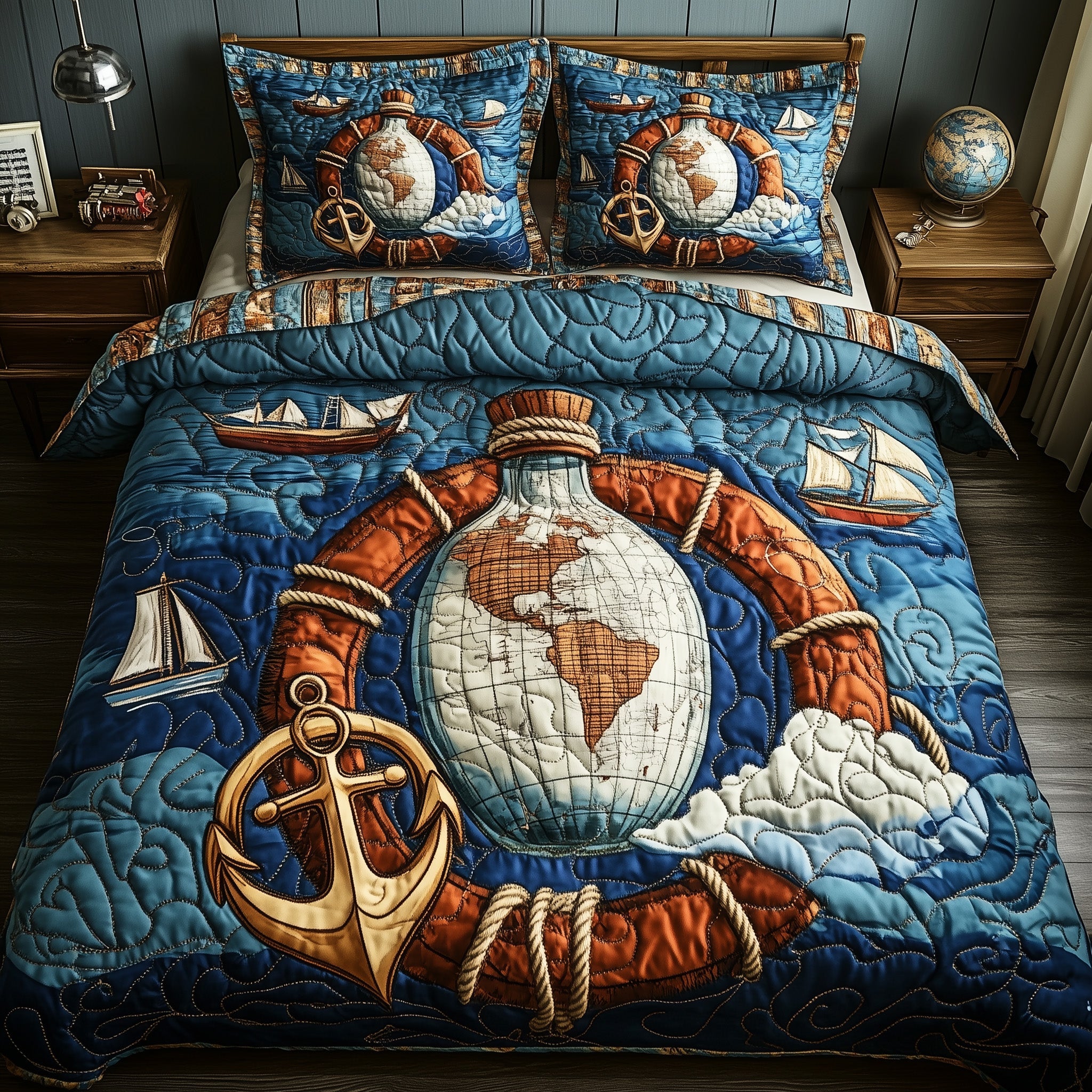 Nautical Quilted Bedding Set Duvet Cover Bed Sheet Lighthouse Gifts For Men