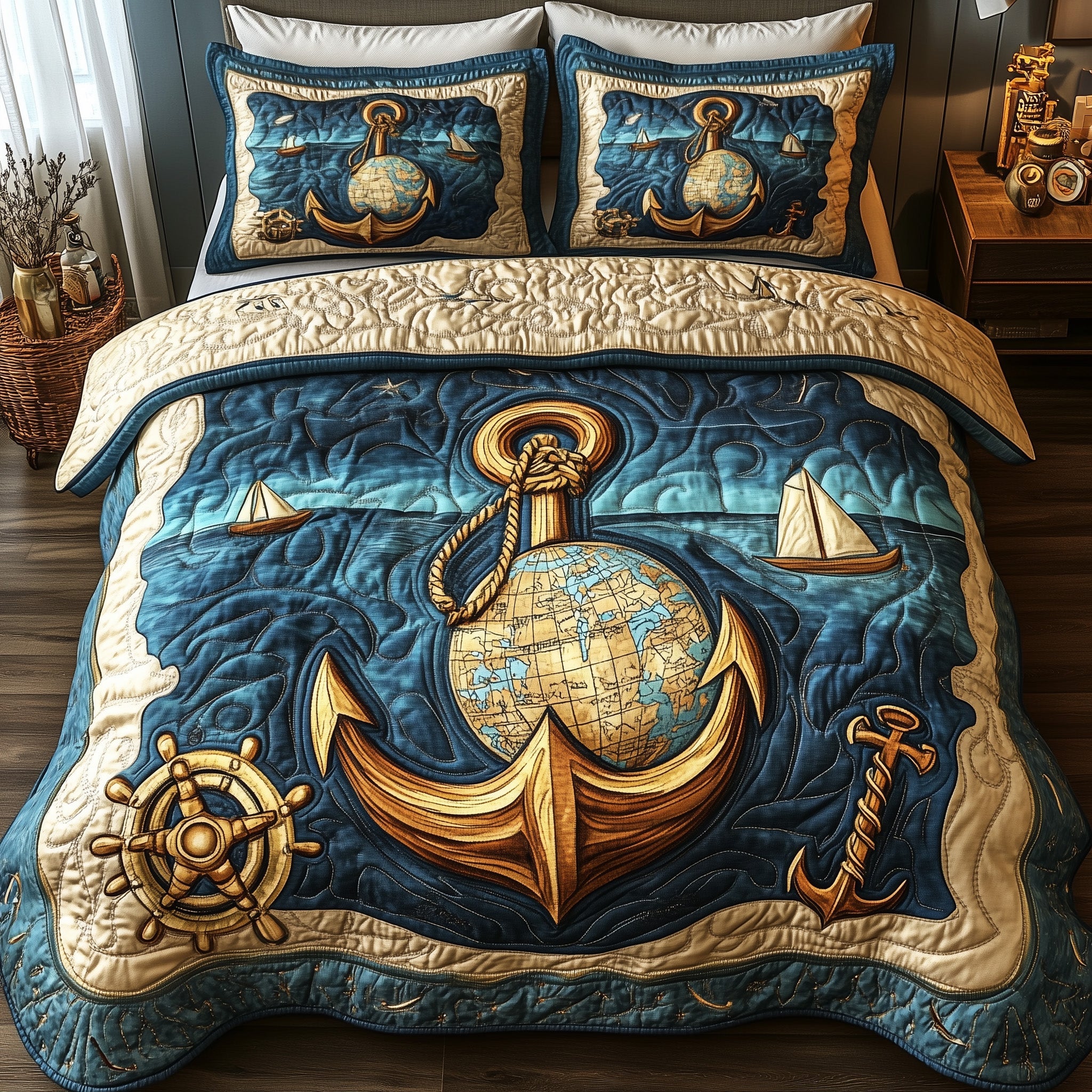 Nautical Quilted Bedding Set Duvet Cover Bed Sheet Lighthouse Gifts For Women