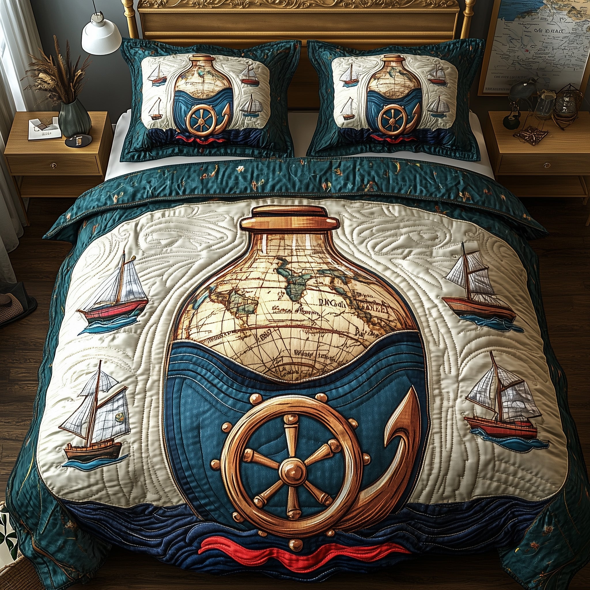 Nautical Quilted Bedding Set Duvet Cover Bed Sheet Lighthouse Presents
