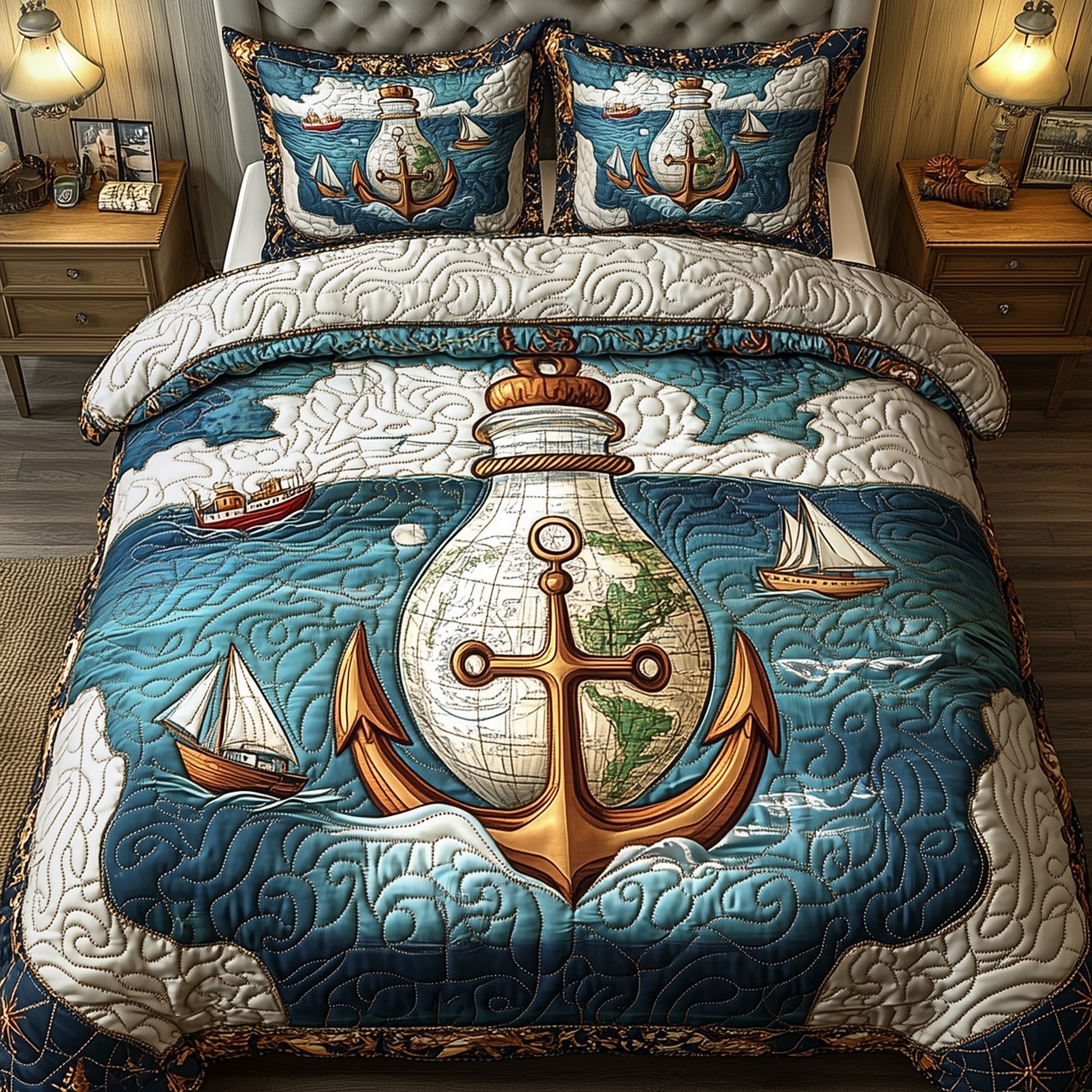 Nautical Quilted Bedding Set Duvet Cover Bed Sheet Lighthouse Themed Gifts