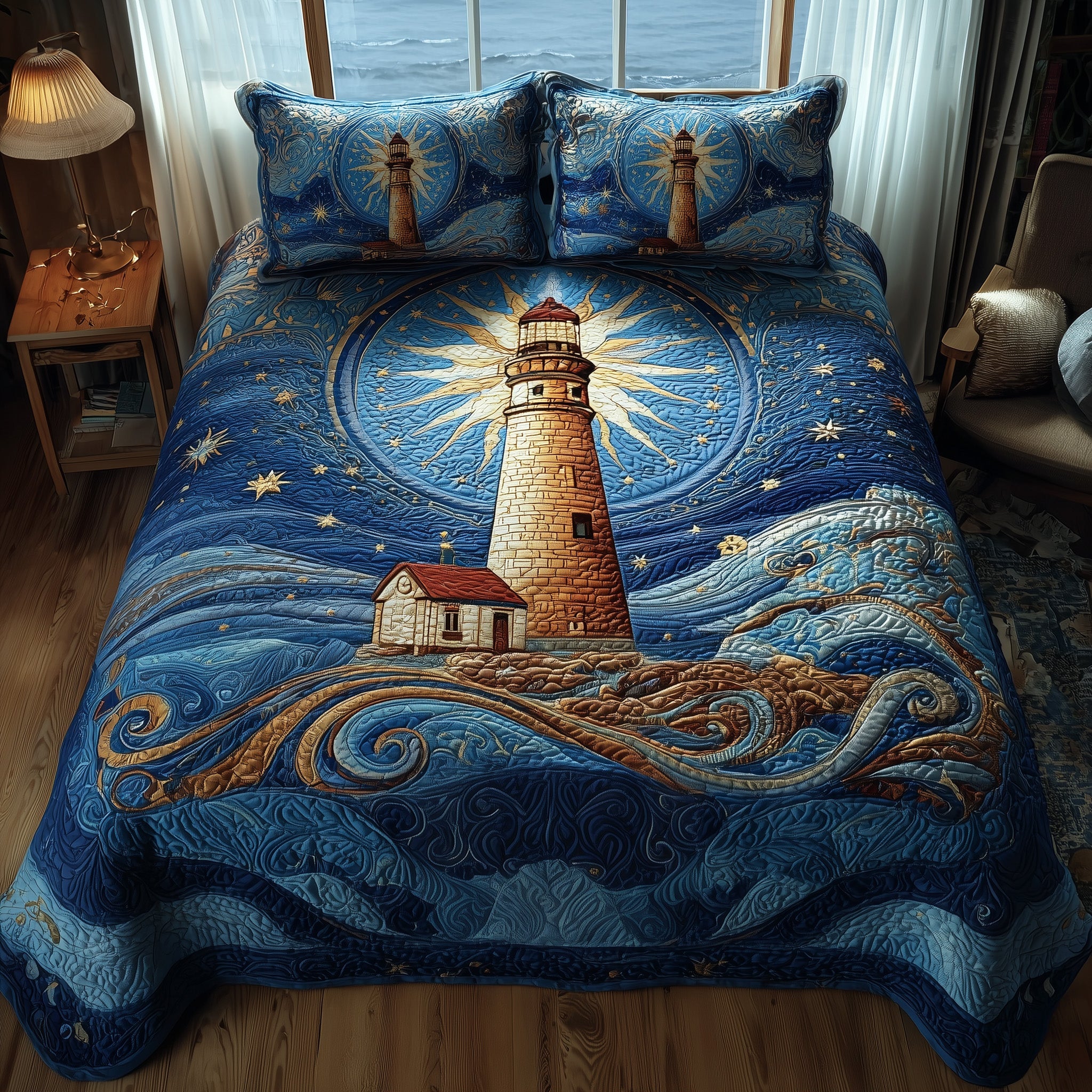 Nautical Quilted Bedding Set Duvet Cover Bedspread Lighthouse Gift Ideas For Her