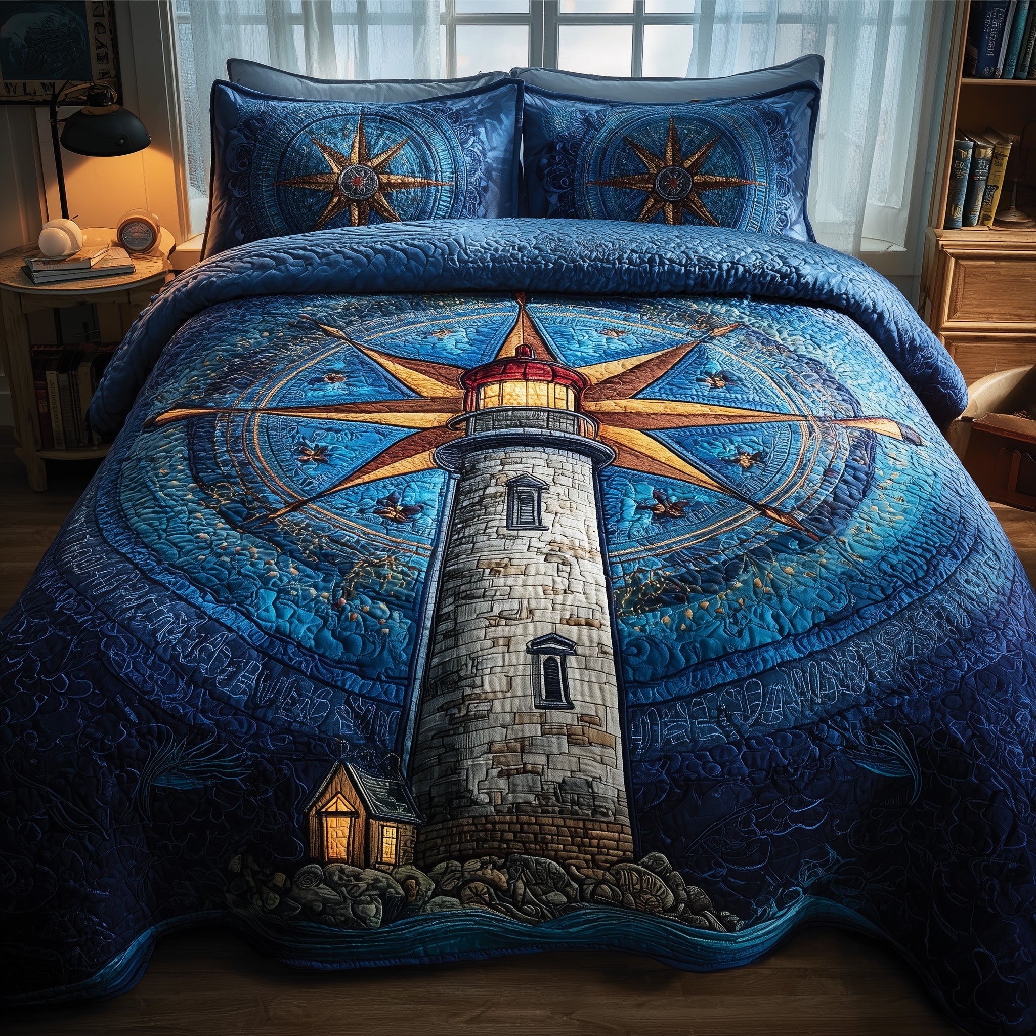 Nautical Quilted Bedding Set Duvet Cover Bedspread Lighthouse Gift Ideas For Him
