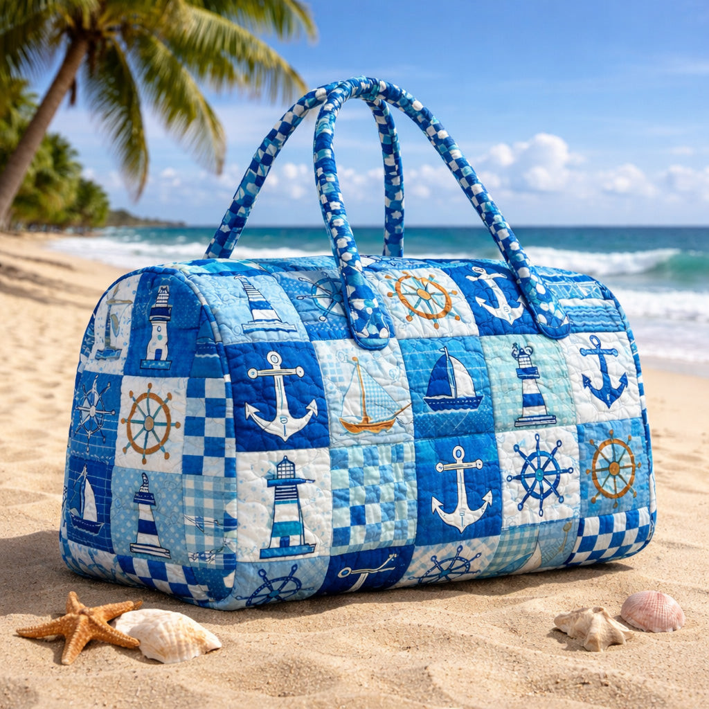 Nautical Quilted Duffle Bag Blue Anchor Lighthouse Sailboat Best Gift For Ocean Lovers