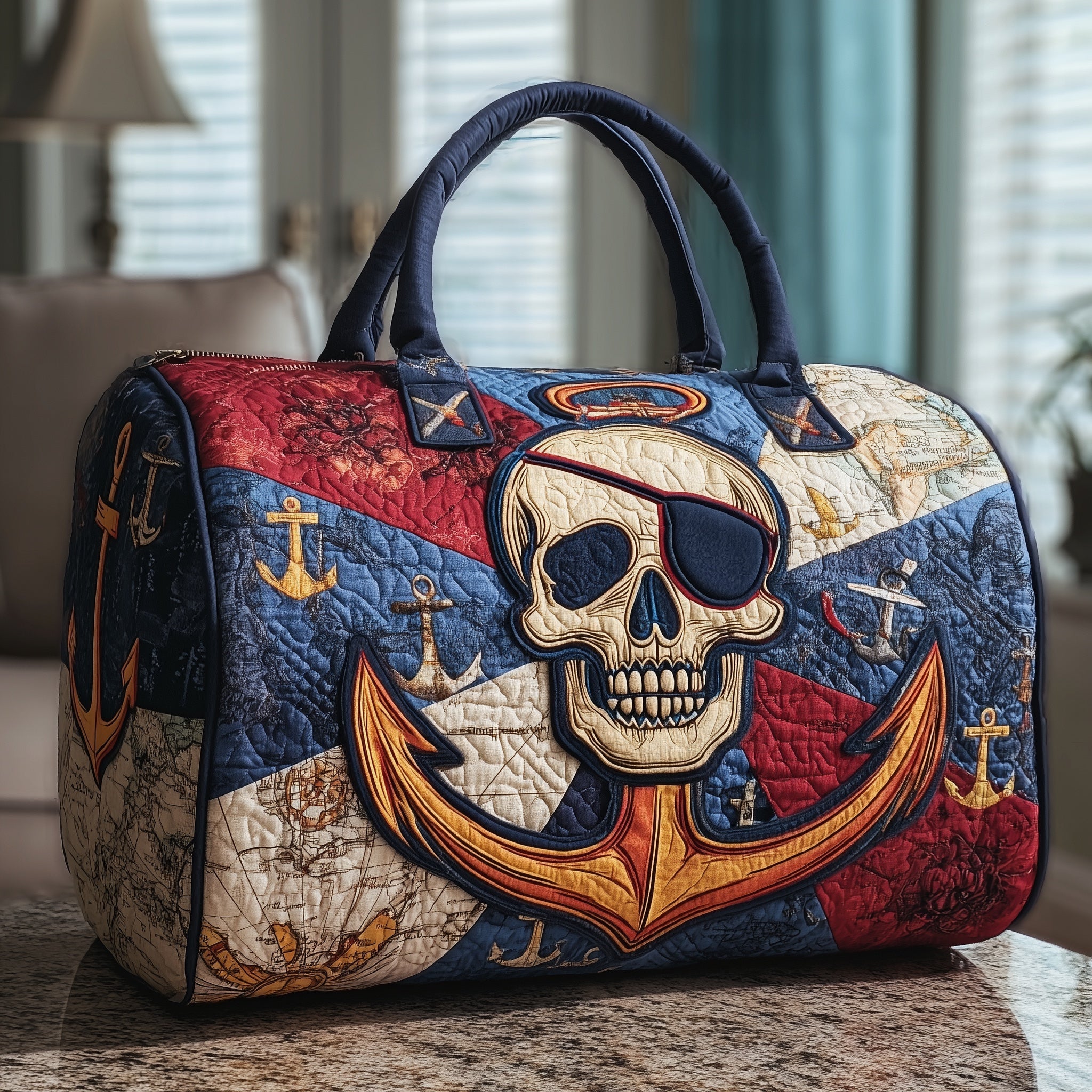 Nautical Skull Quilted Duffle Bag Easy To Clean Surface