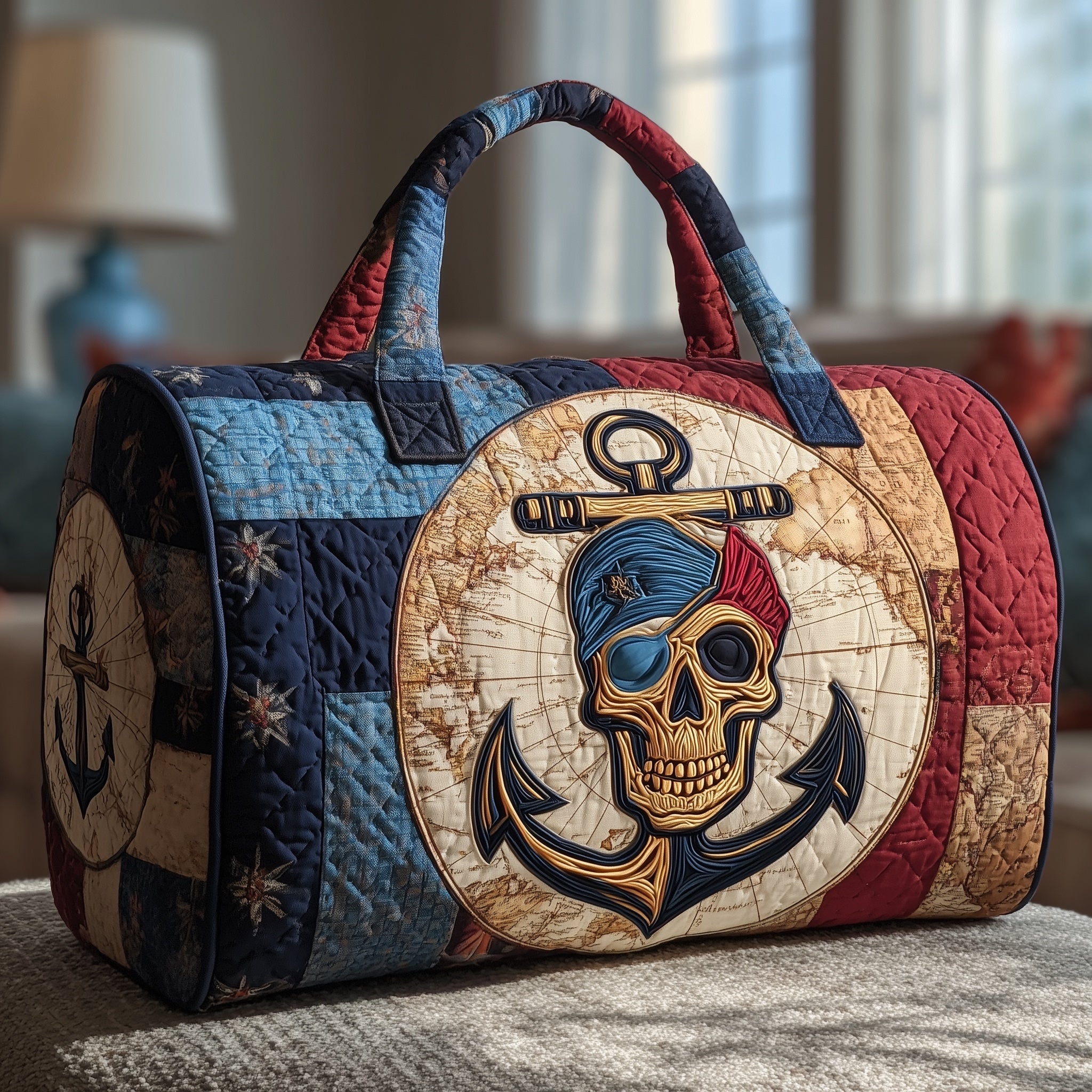 Nautical Skull Quilted Duffle Bag Organized Storage Pockets