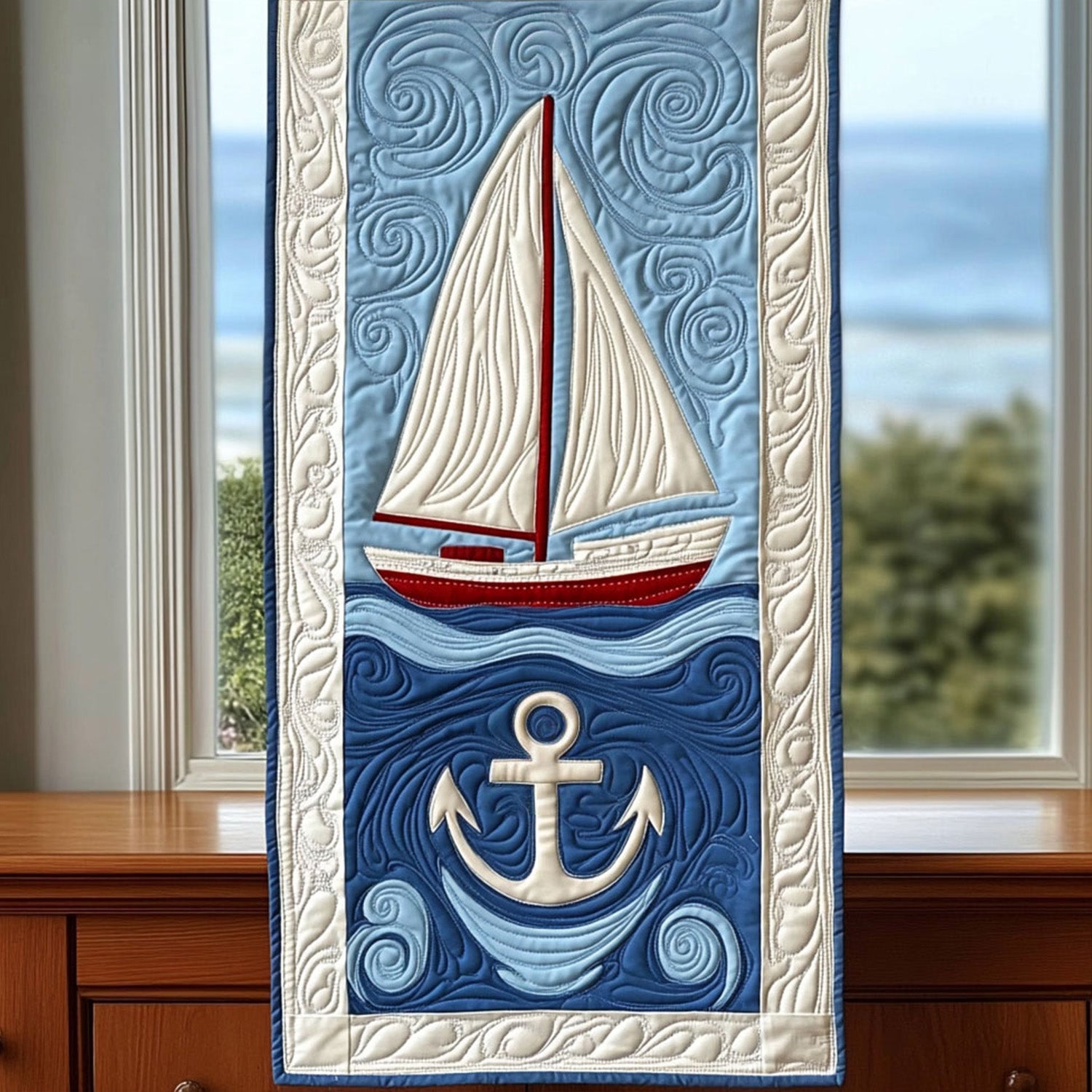 Navigating Waves Quilted Table Runner Nautical Table Topper Anchor Gift Ideas