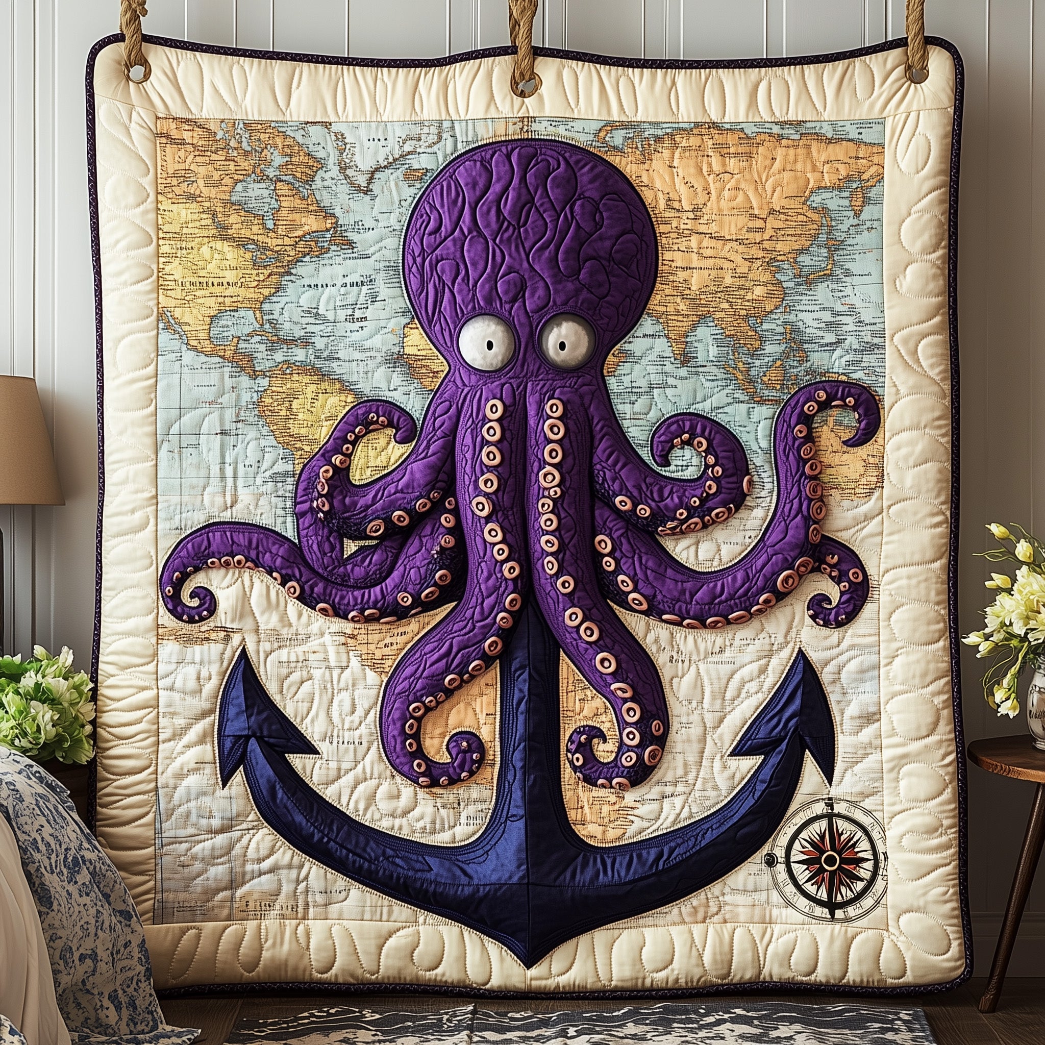 Navigator of the Deep Quilted Blanket Merchandise Throw BlanketUnique Octopus Gifts