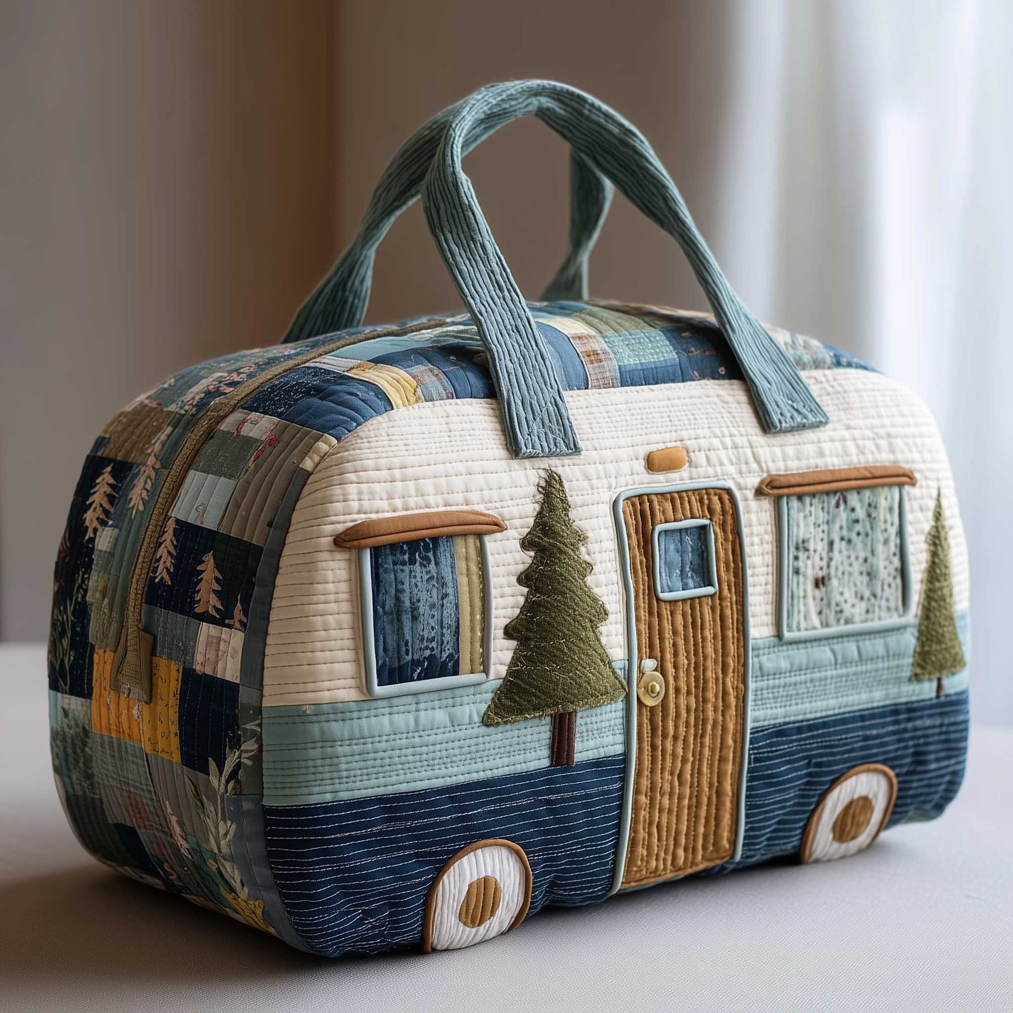 Navy Blue Camper Quilted Duffle Bag Patchwork Pine Trees Minimalist Camping Gift Ideas