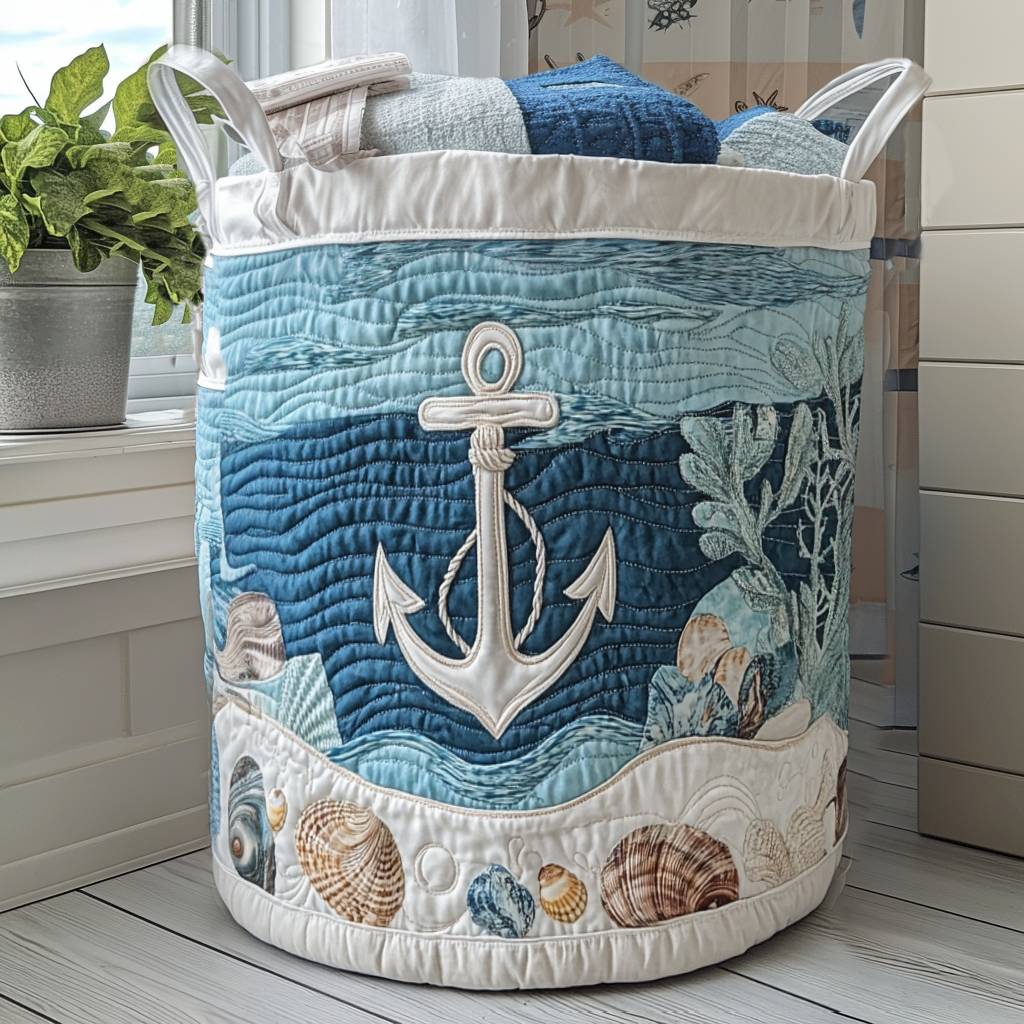 Navy Drift Quilted Laundry Basket Merch For Her