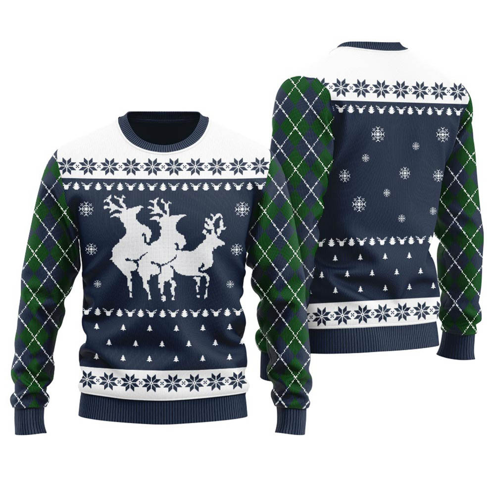 Navy Funny Reindeer Threesome Holiday Sweater Women Merry Christmas Sweatshirt for Holiday Fun