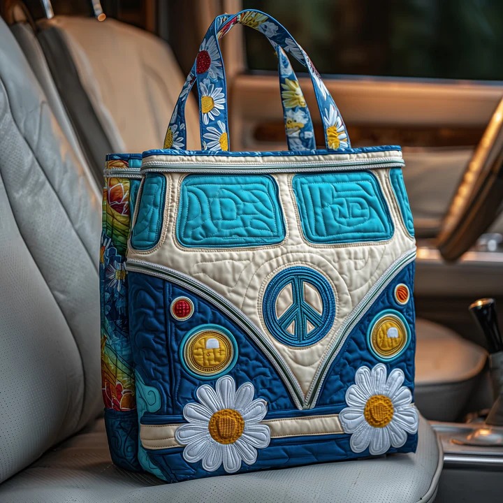Navy Hippie Van Quilted Tote Bag Blue White Daisy Peace Bag Best Gift For Her