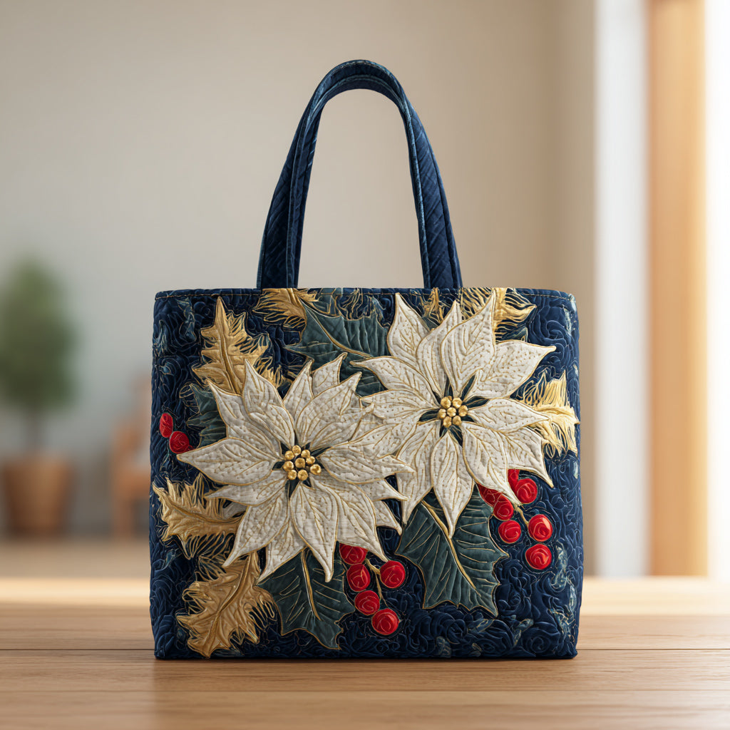 Navy Poinsettia Quilted Tote Bag Top Christmas Gifts For Girlfreind