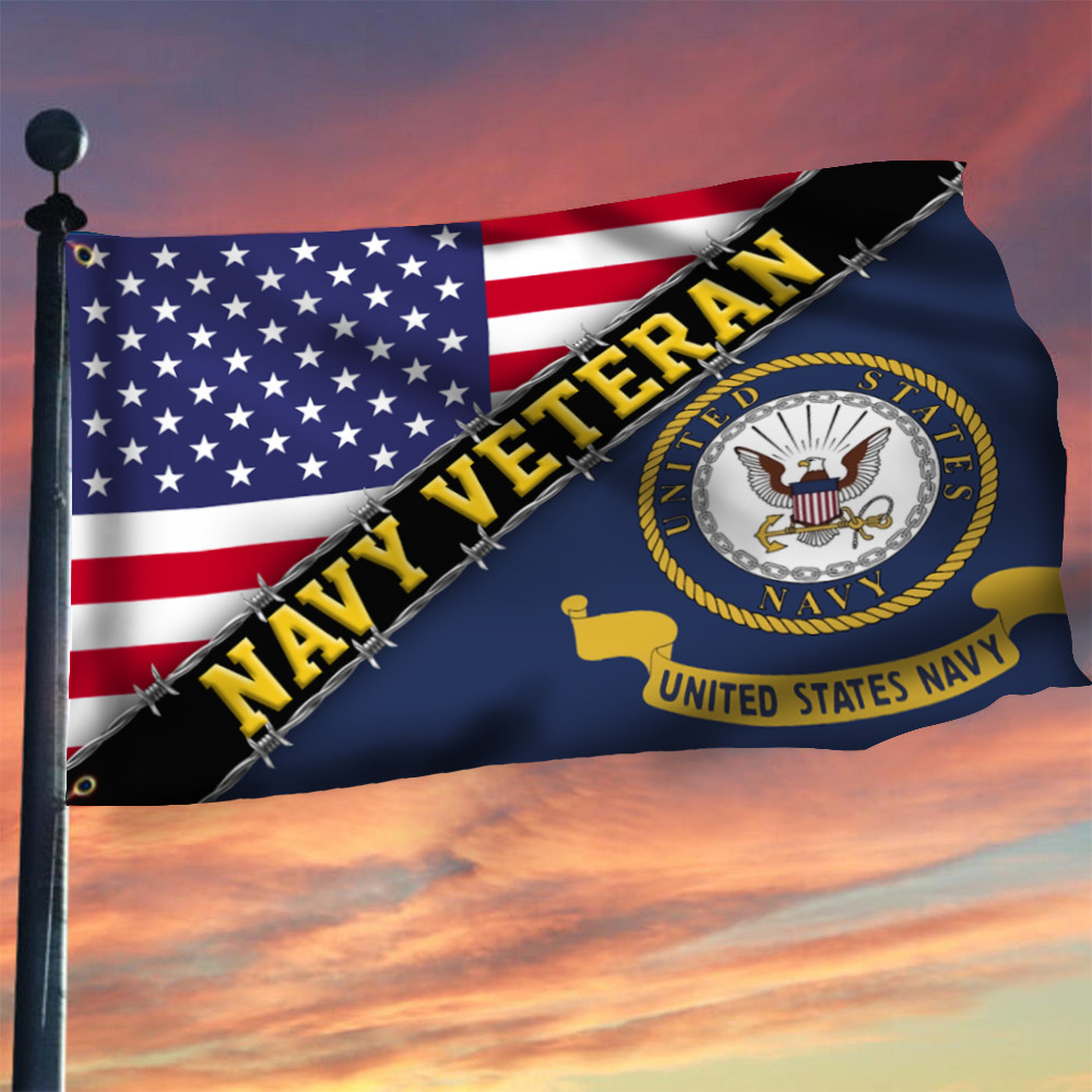Navy Veteran Flag With American Flag Navy Logo Proud Veteran Patriotic Flag
