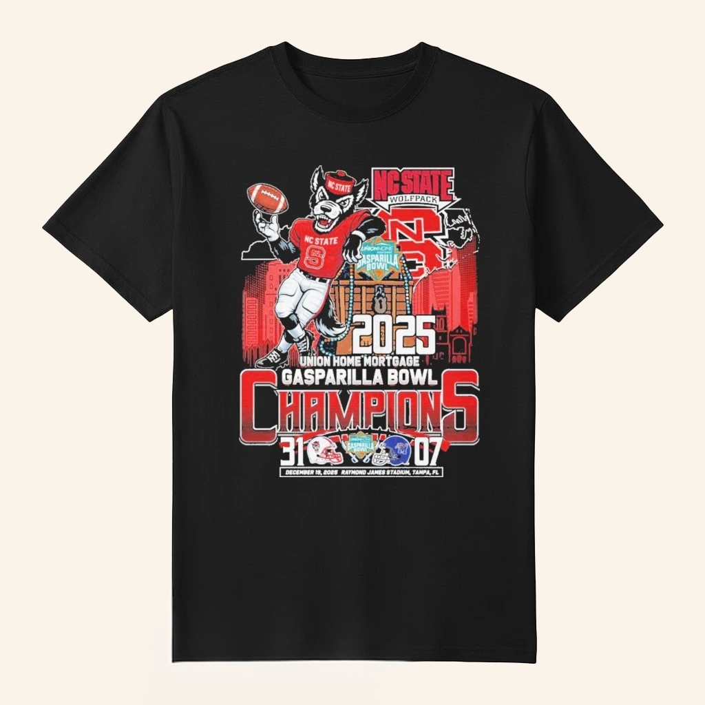 NC State Football Bowl Champions 2025 Union Home Mortgage Gasparilla Bowl Mascot Flag T-Shirt