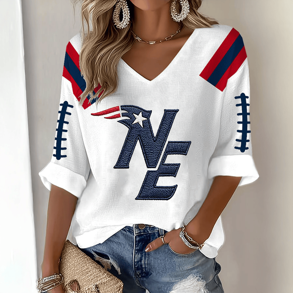 NE New England Patriots V-Neck Long Sleeve Shirt Football Apparel Cool Gift For Fans