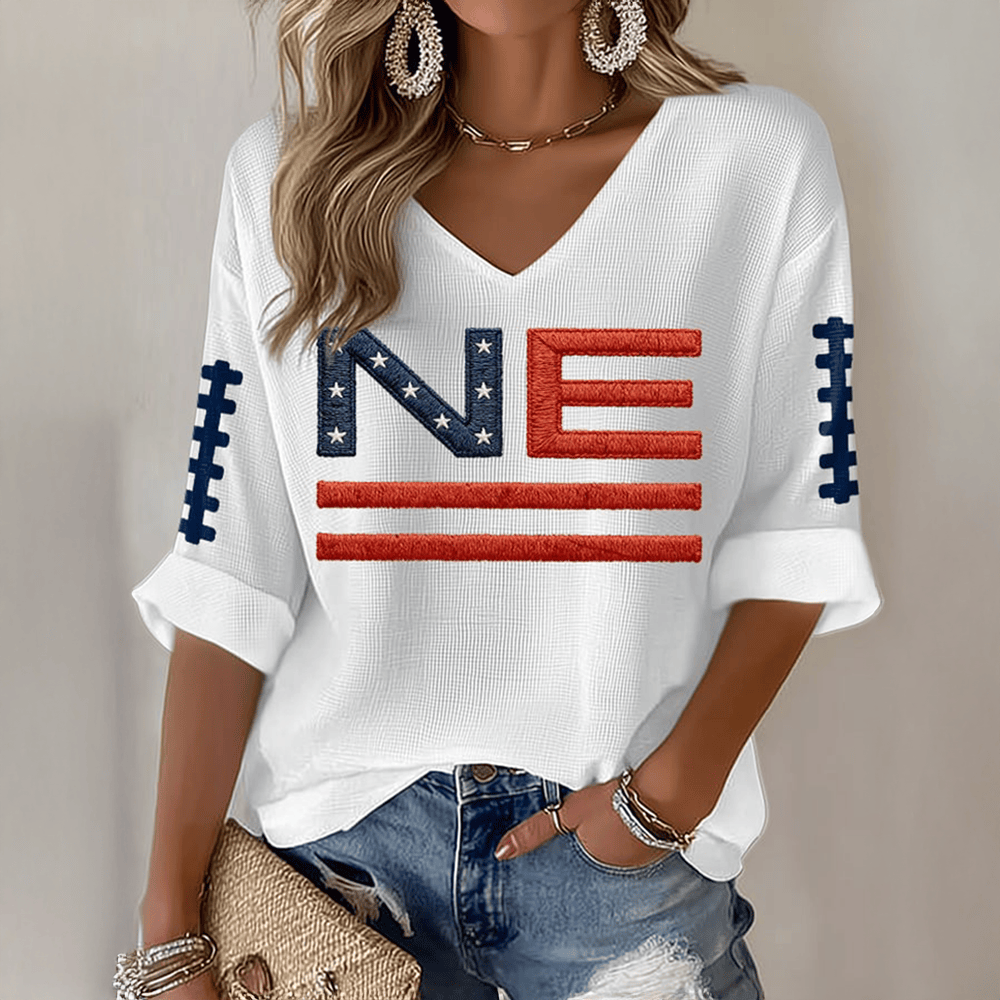 NE New England Patriots V-Neck Long Sleeve Shirt Game Day Football Apparel Football Fan Gear