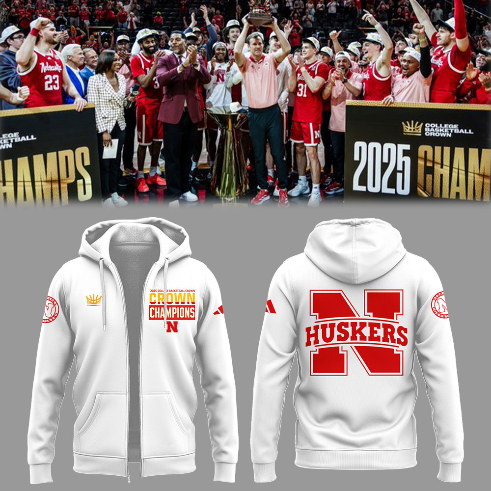 Nebraska Men's Basketball 2025 College Basketball Crown Champions White Zip Hoodie Basketball Coaches Gifts