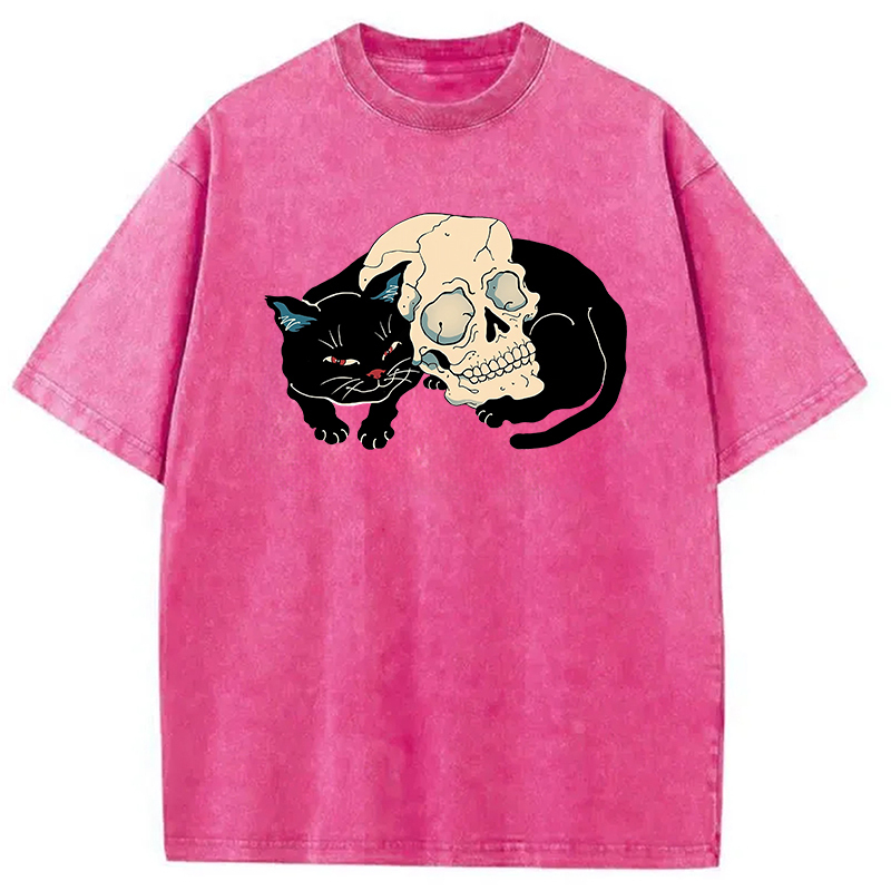 Neko Skull Washed T-Shirt Retro Streetwear Graphic Top Gifts For Her