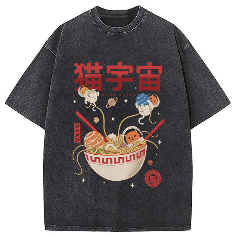 Neko Space Ramen Adventures Washed T-Shirt Unique Aesthetic Fashion Tee Gifts For Friends Neko Space Ramen Adventures Washed T-Shirt Unique Aesthetic Fashion Tee Gifts For Friends