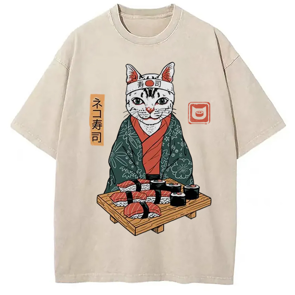 Neko Sushi Japan Culture Creative Washed T-Shirt Soft Comfortable Daily T Shirt Gifts For Sister Neko Sushi Japan Culture Creative Washed T-Shirt Soft Comfortable Daily T Shirt Gifts For Sister