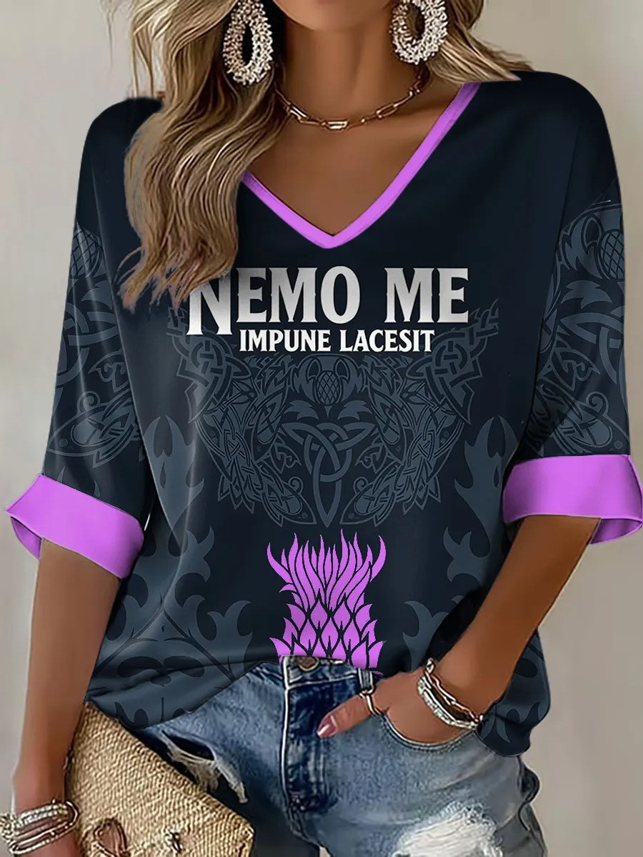 Nemo Me Impune Lacessit Long Sleeve V-Neck Shirt Scotland Rugby Celtic Thistle Fan Gear Gift For Supporters