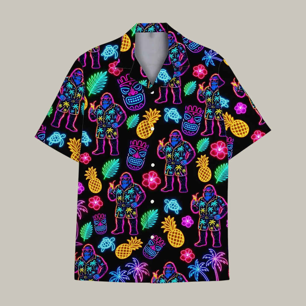 Neon Bigfoot And Tiki Hawaiian Shirt Funny Sasquatch Summer Beach Clothes Best Gift For Father