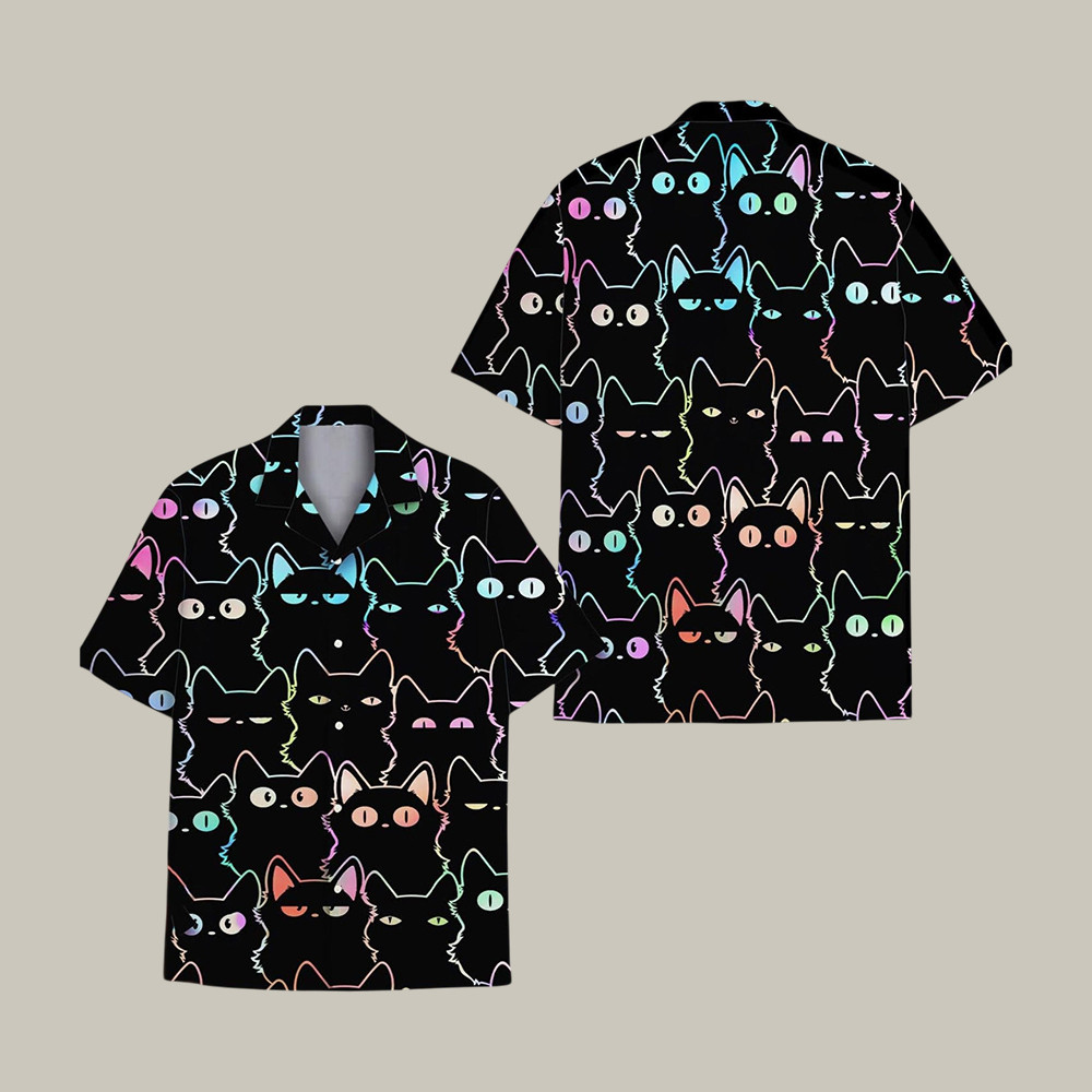 Neon Black Cat Hawaiian Shirt Animal Aloha Shirt Present Idea For Cat Lovers