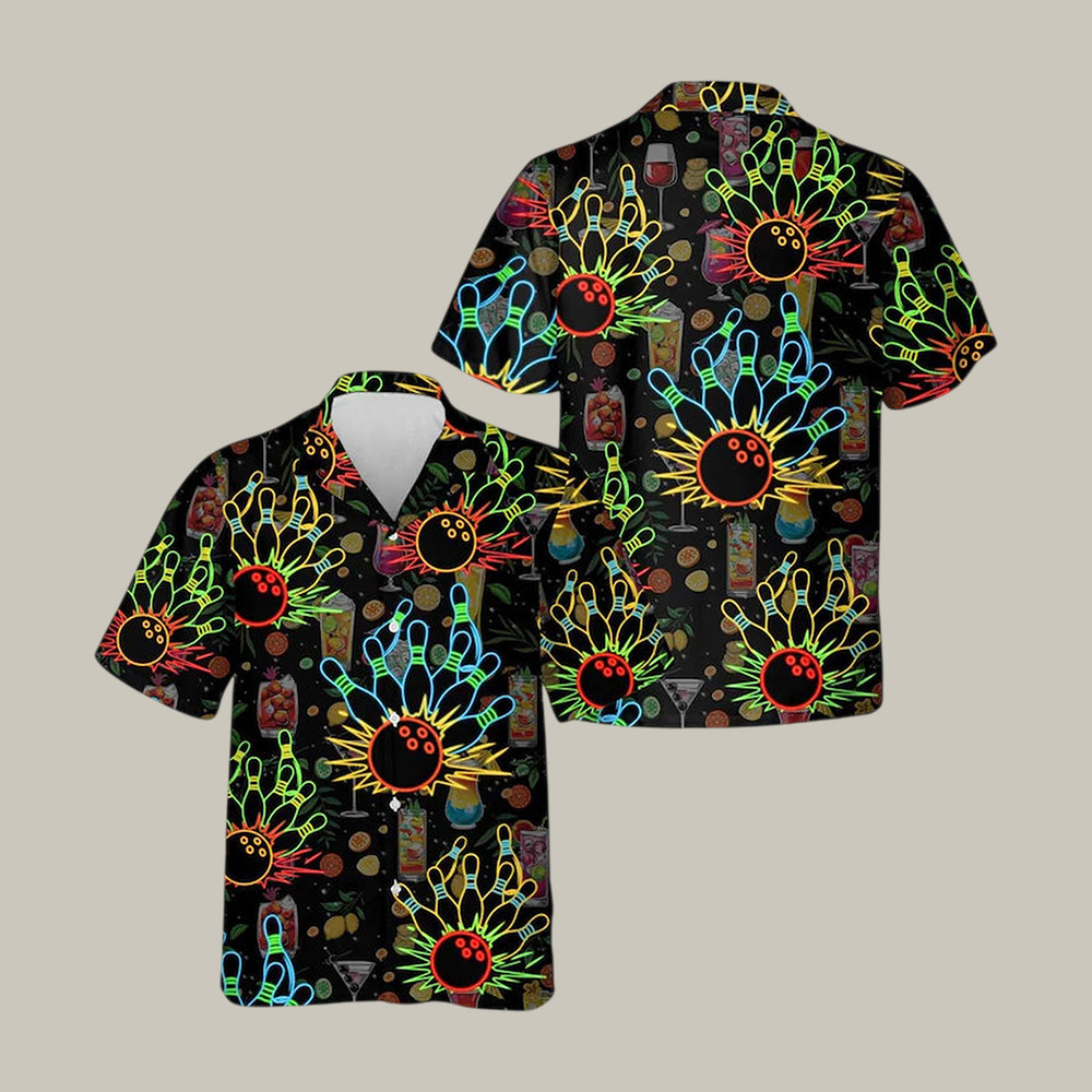 Neon Bowling Hawaiian Shirt Retro Cocktail Party Shirt Father's Day Gift For Husband