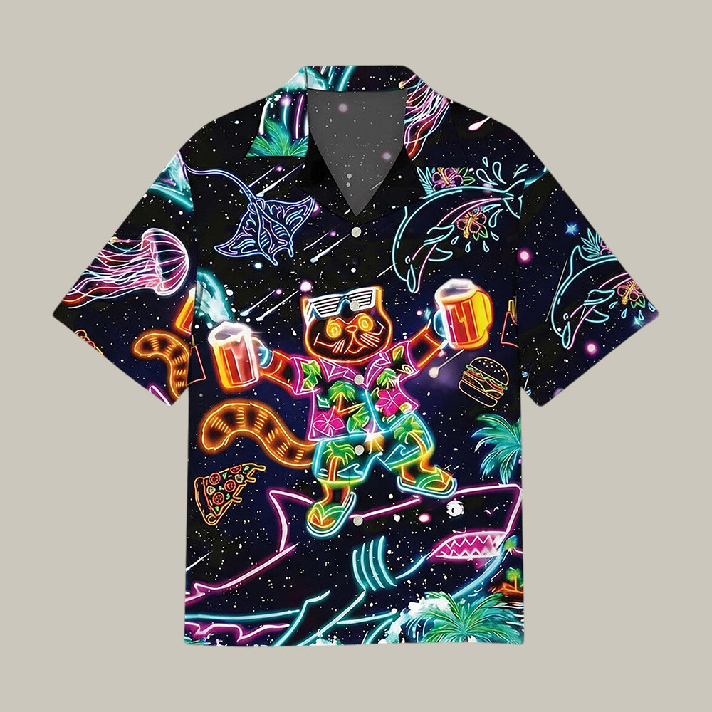 Neon Cat And Shark Hawaiian Shirt Retro Space Party Animals Psychedelic Dolphin Jellyfish Beach Shirt