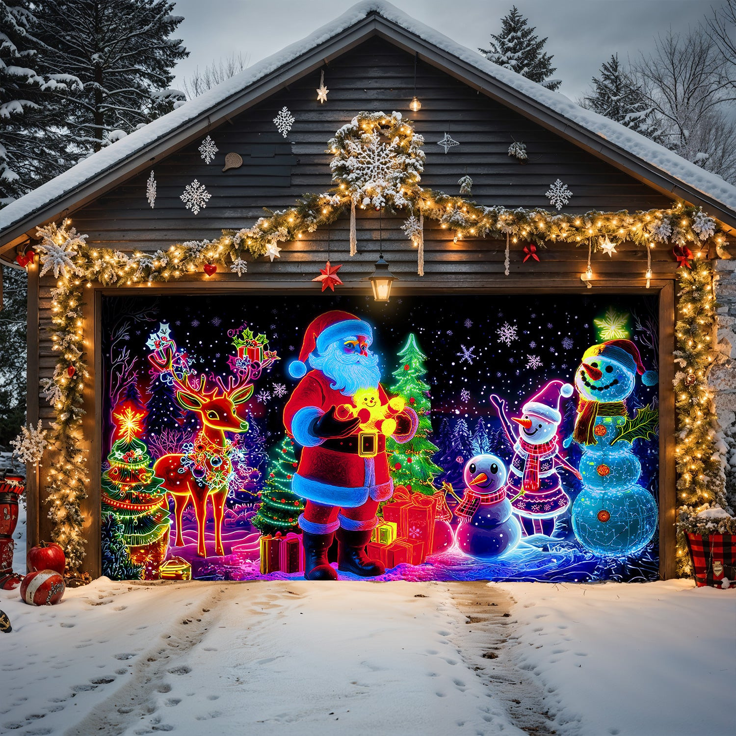 Neon Christmas Family Christmas Garage Door Banner Christmas Decorations For Garage