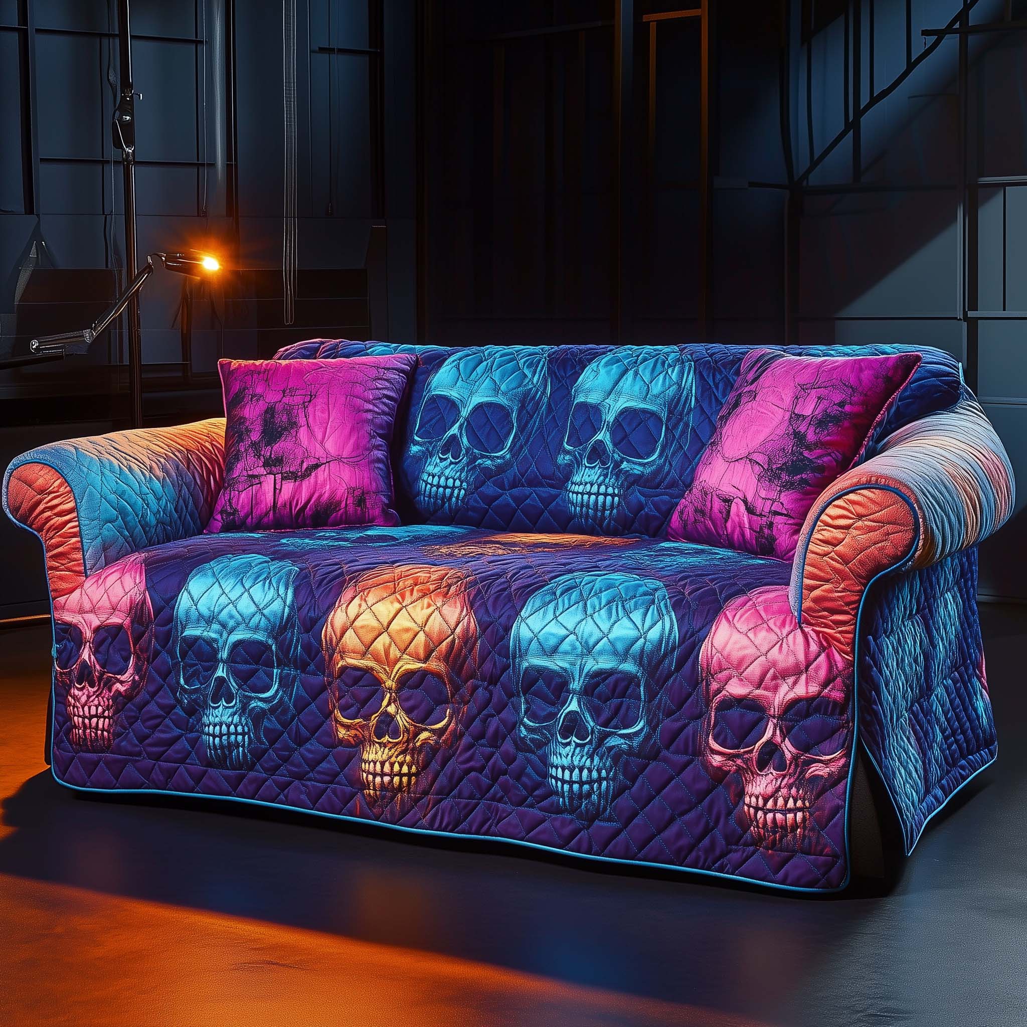 Neon Cyber Skulls Quilted Sofa Cover Neon Cyber Skulls Bold Look Present For Scary Theme