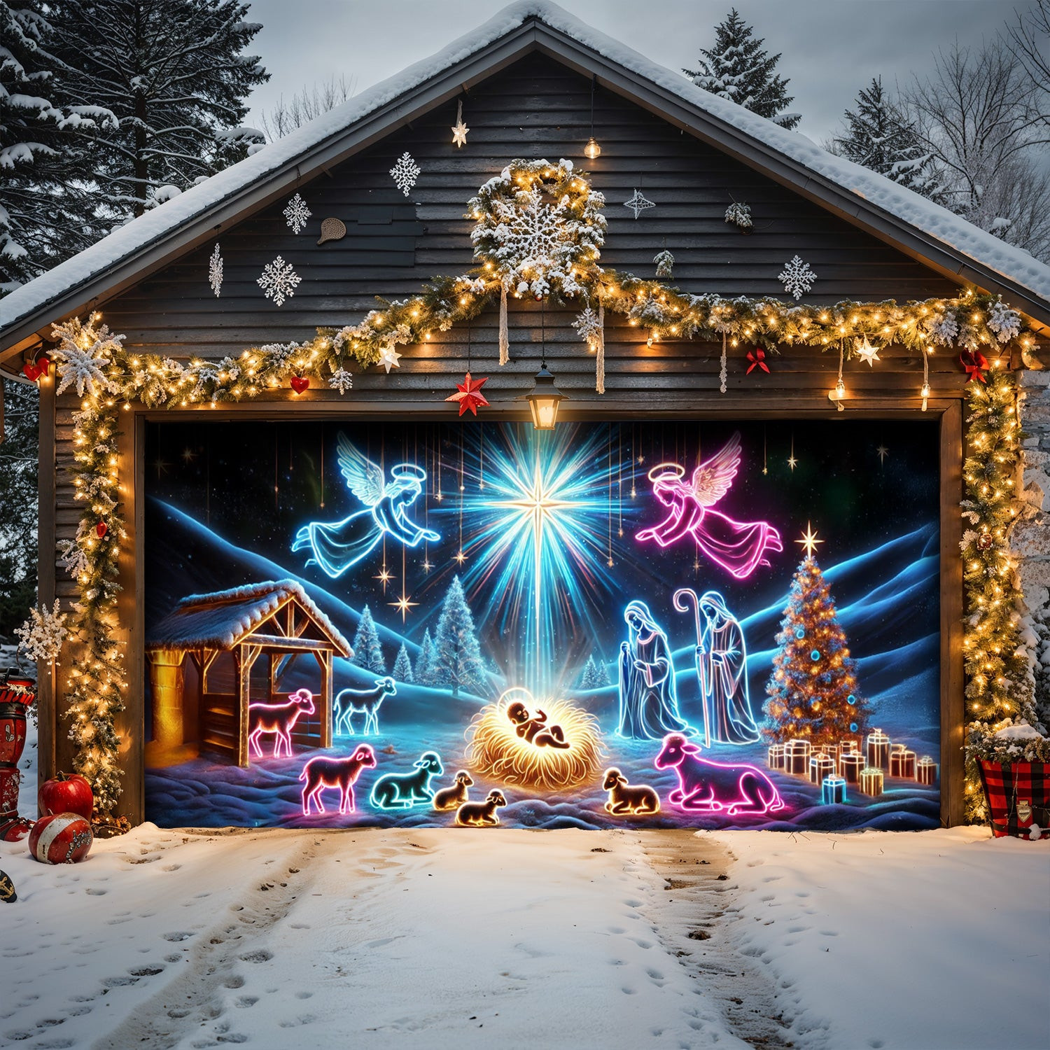 Neon Nativity Night Christmas Garage Door Banner Christmas Decorations Christian Xmas Gifts