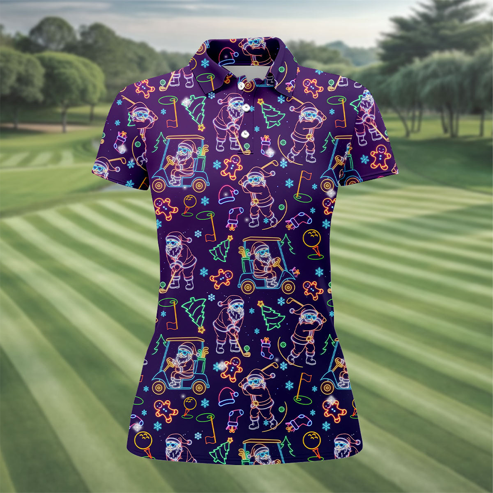 Neon Santa Golfing Christmas Polo Shirt Winter Clothing Xmas Gifts For Golfer Lovers